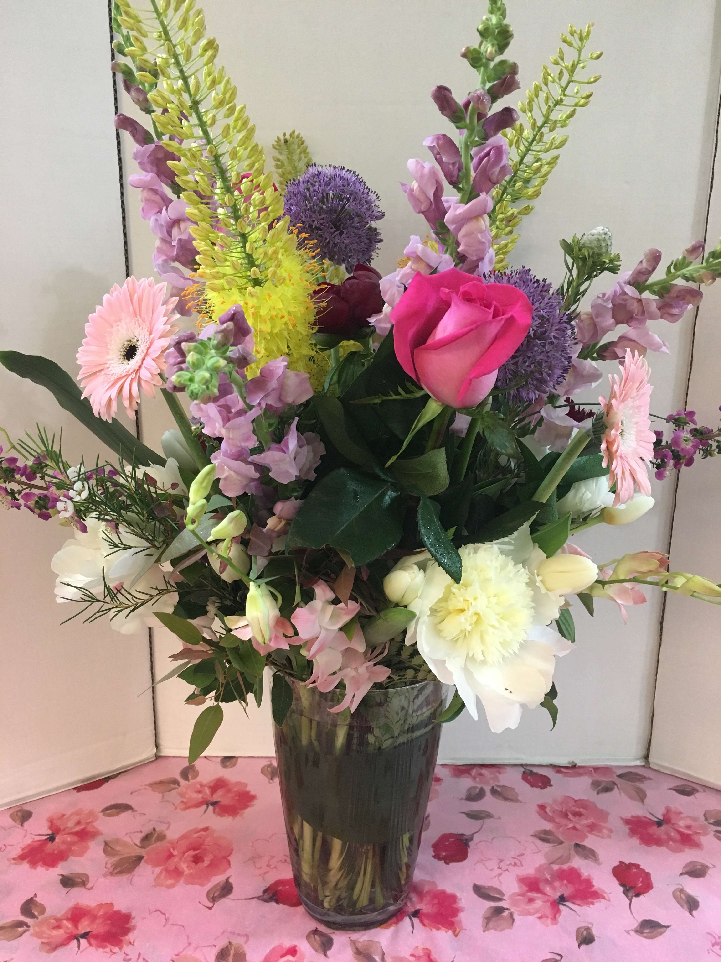 Bloom Summer Garden - Tall  Arranged  Vase of Elegant Flowers,   Peonies(Seasonal), Hydrangea,  Roses, Snapdragons, Gerbera Daisies, Allium &amp; Assorted Greens
