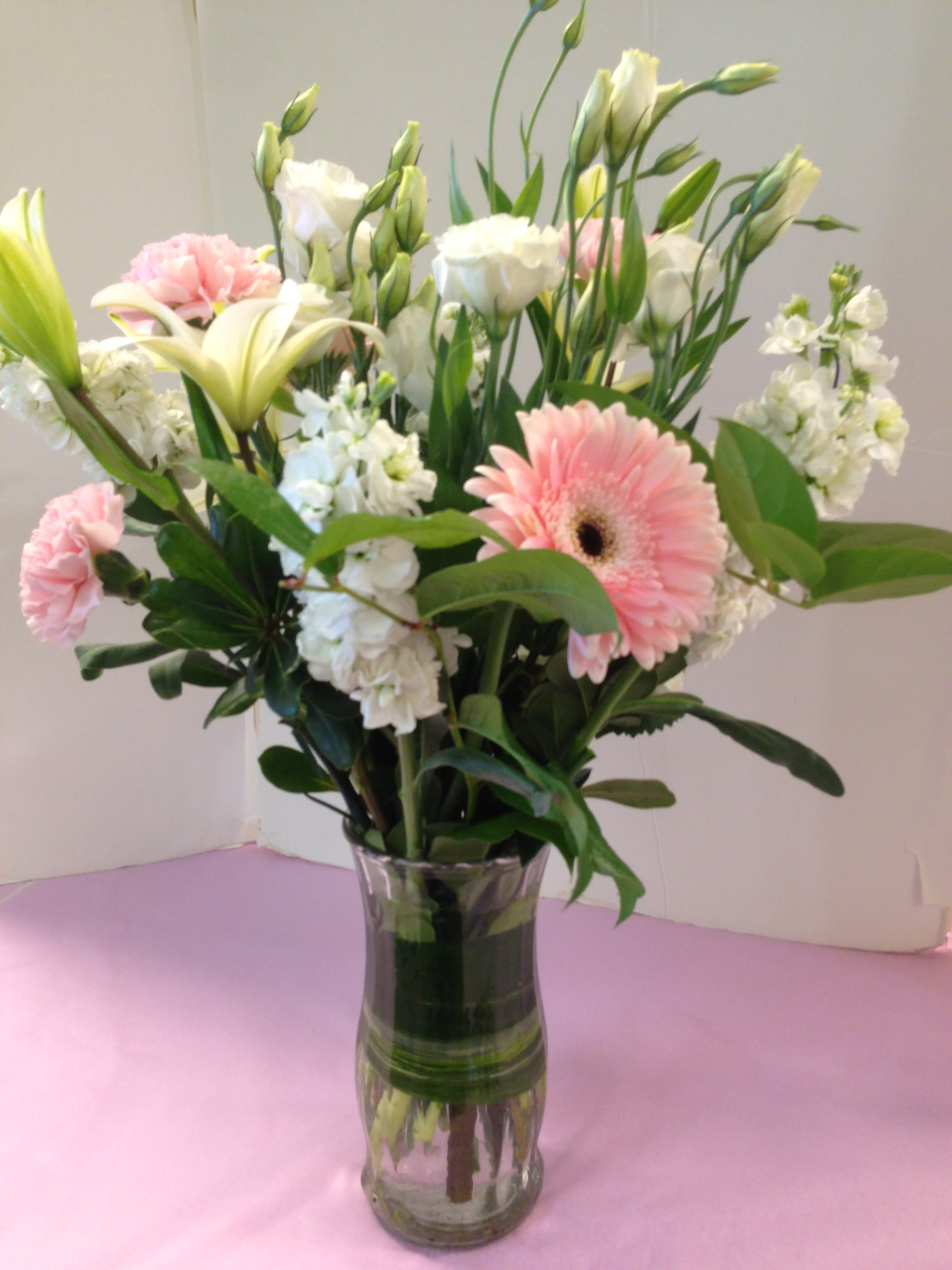 Light Mood Arrangement - Lisianthus, Gerbera Daisies, Stock, Roses, Lilies, Fancy Greens