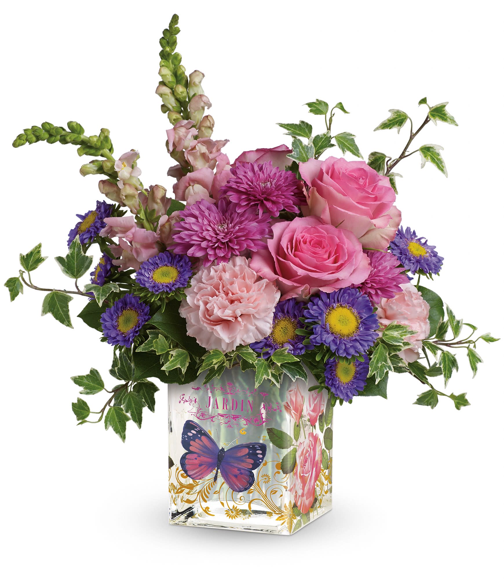 Teleflora's Wild Beauty Bouquet - This wildly beautiful bouquet is made up of pink roses, light pink carnations, pink snapdragons, lavender matsumoto asters, lavender cushion spray chrysanthemums, variegated ivy and lemon leaf. Delivered in an Enchanted Garden cube. T14M405A