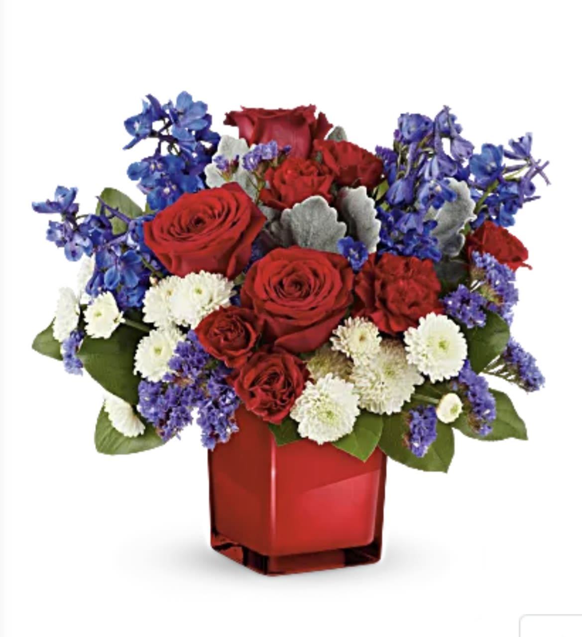 patriotic red roses  - red white and blue flowers in a cube 