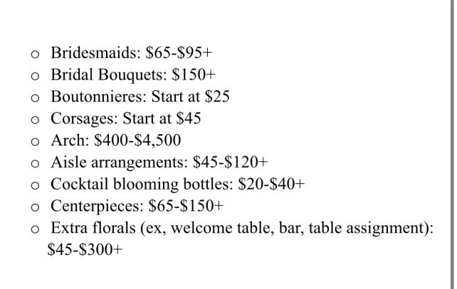 estimated wedding price list estimated wedding price list - starting point prices for your wedding flowers
