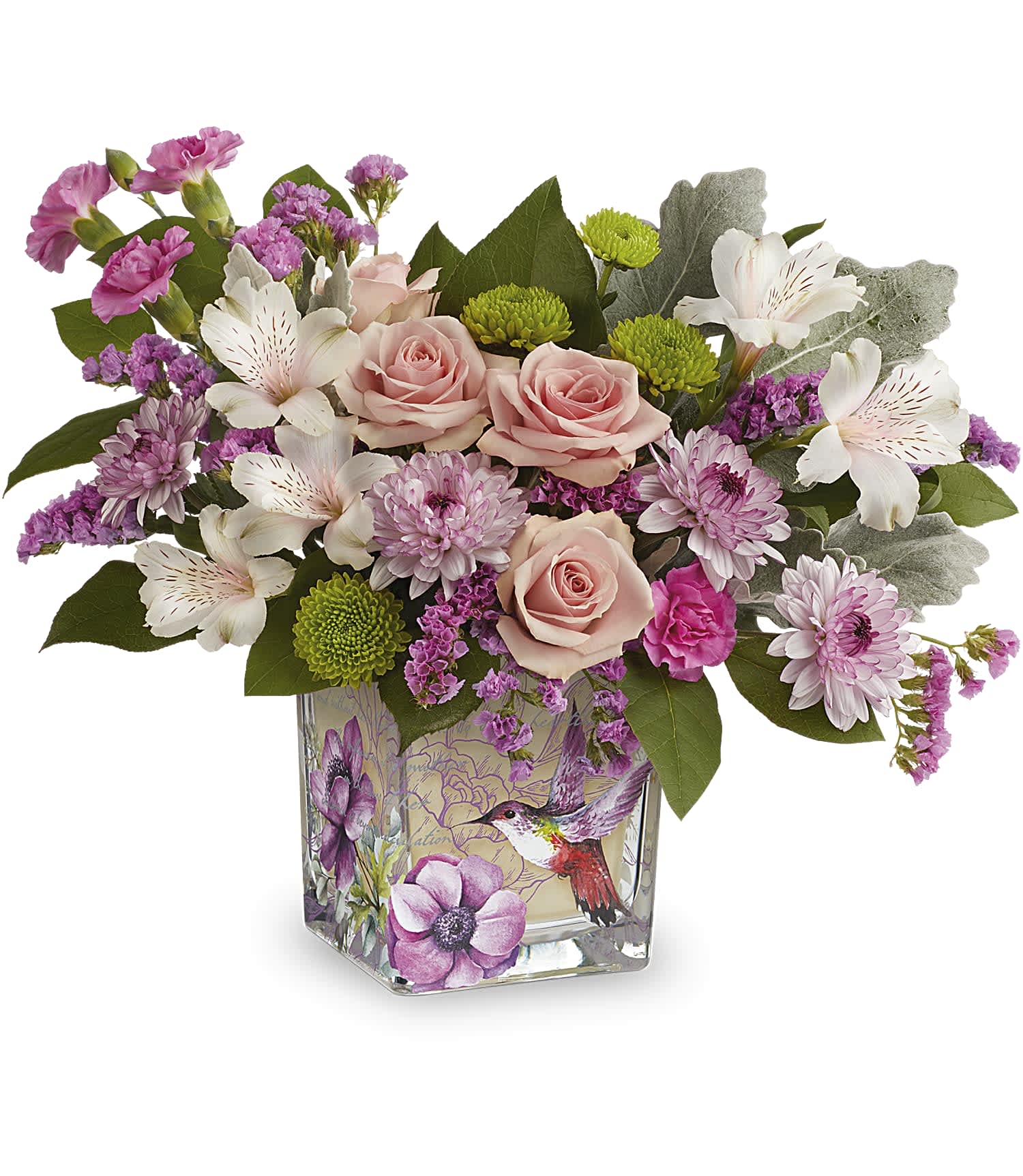 Teleflora's Hummingbird Surprise Bouquet - A sweet surprise, this feminine rose bouquet is perfectly presented in a whimsical hummingbird-adorned cube vase.  Pink roses, alstroemeria, miniature carnations, chrysanthemums and accent flower are arranged with greenery. Delivered in Teleflora's Sweet Hummingbird Cube. Approximately 14 3/4&quot; W x 12 3/4&quot; H