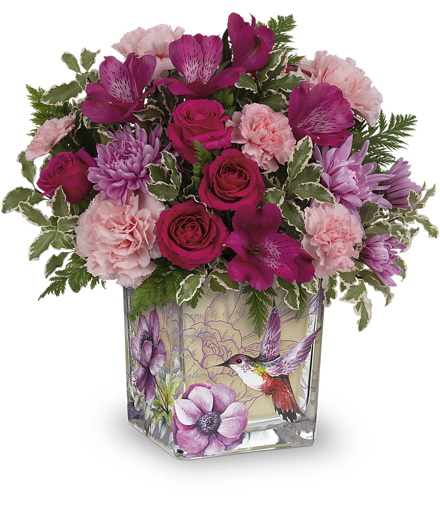 Teleflora's Sweet Hummingbird Bouquet - Like a hummingbird flitting around a secret garden, this delightful bouquet of pink roses in a vintage-inspired glass cube is a magical gift on Mother's Day or any special occasion.  This beautiful bouquet includes spray roses, alstroemeria, chrysanthemums, pink carnations, miniature pink carnations, and greens. Delivered in Teleflora's Sweet Hummingbird cube. Approximately 13 1/4&quot; W x 12&quot; H