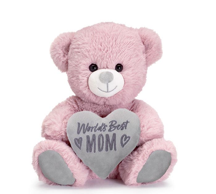 Plush Bear - World's Best Mom Plush Bear - World's Best Mom - Mauve rose plush bear holding a gray heart that has the message, "Best Mom Ever" embroidered. The heart is smooth gray fabric with purple lettering. 8"W X 6.5"D X 9.5"H sitting