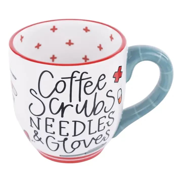 MUG - Coffee Scrubs Needles Gloves MuG - * Original Design   * Our individually hand-painted mugs hold a generous 16oz of your favorite warm drink, making them the perfect addition to your kitchen.   * Each mug comes boxed in our specially designed packaging perfect for gift giving!   * Handwash Only/Do Not Microwave 