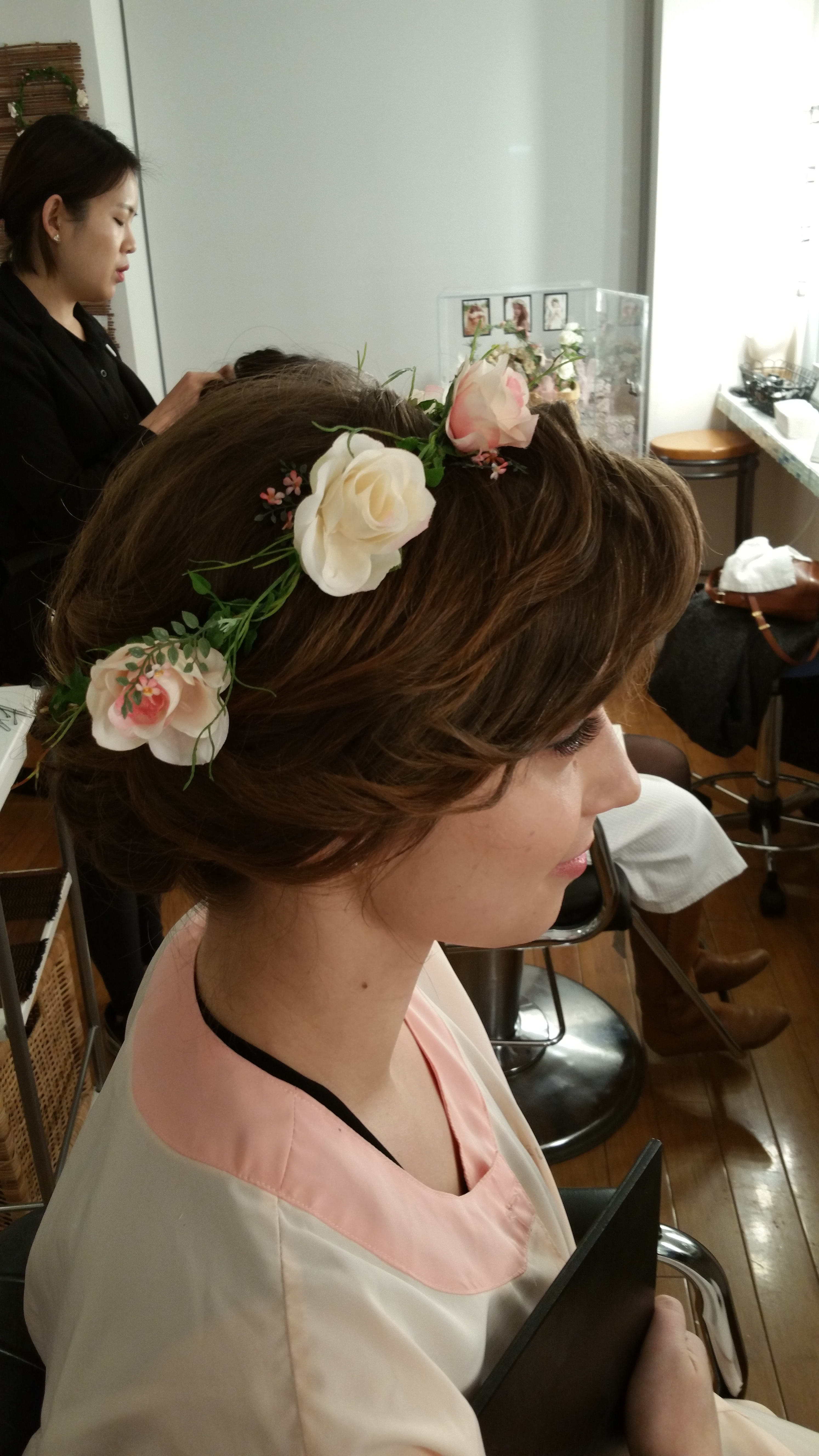 Bridal   Crown - Spray Roses,  Babies Breath, Greens