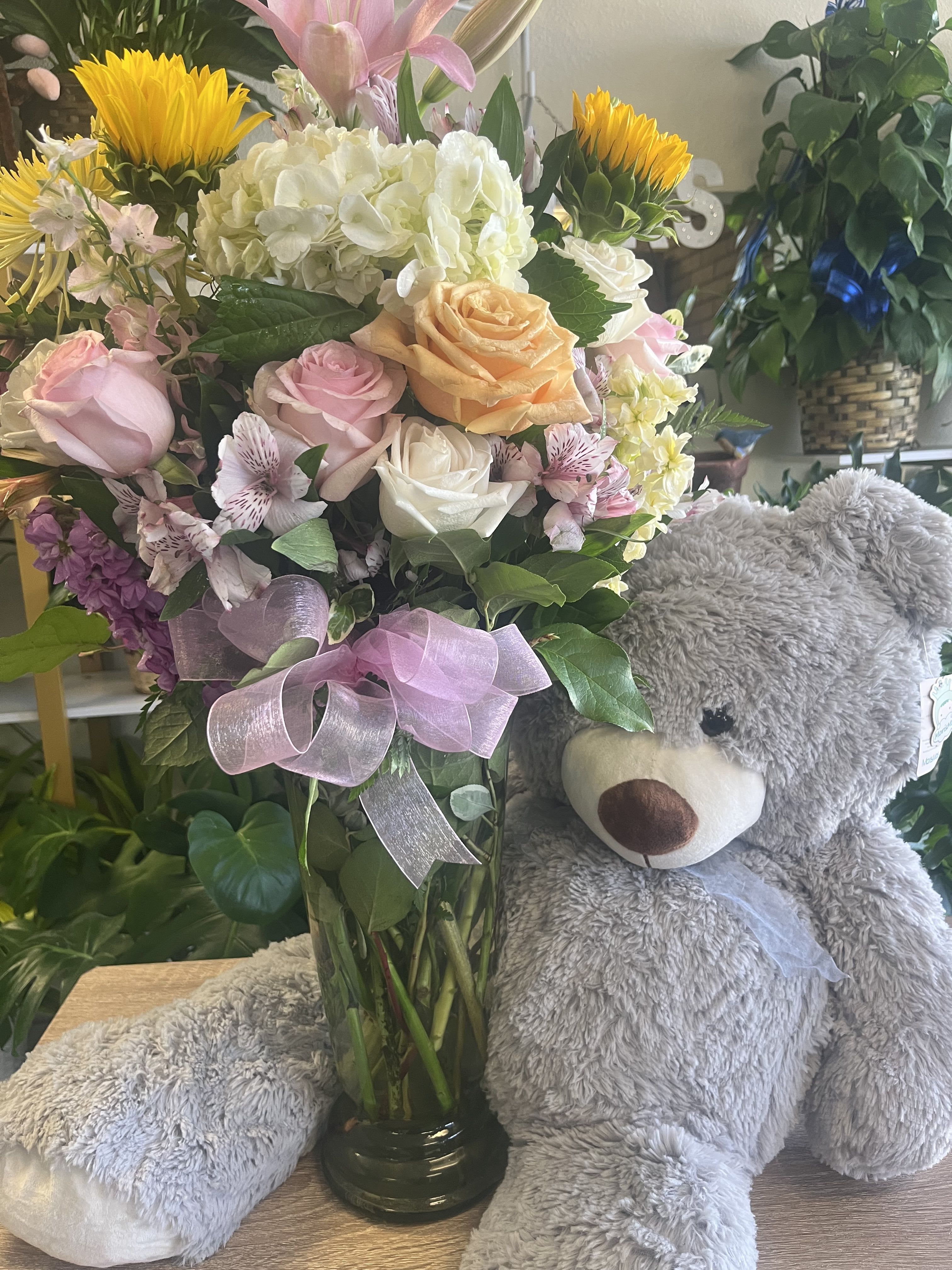 Flowers and Bear  extra large  - Fresh flowers bouquet in large vase , pastel colors with large gray bear (stuffed animal/plush)
