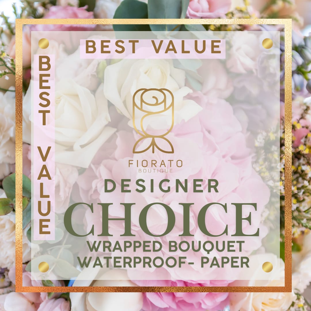Wrapped Bouquet – Waterproof Paper - A fresh seasonal bouquet wrapped in elegant waterproof paper — no vase, no water. This light and stylish arrangement is carefully crafted for easy gifting, featuring Fiorato’s signature floral style.  Perfect for those who love a modern, effortless presentation. Water-safe wrap. Beautiful and simple.