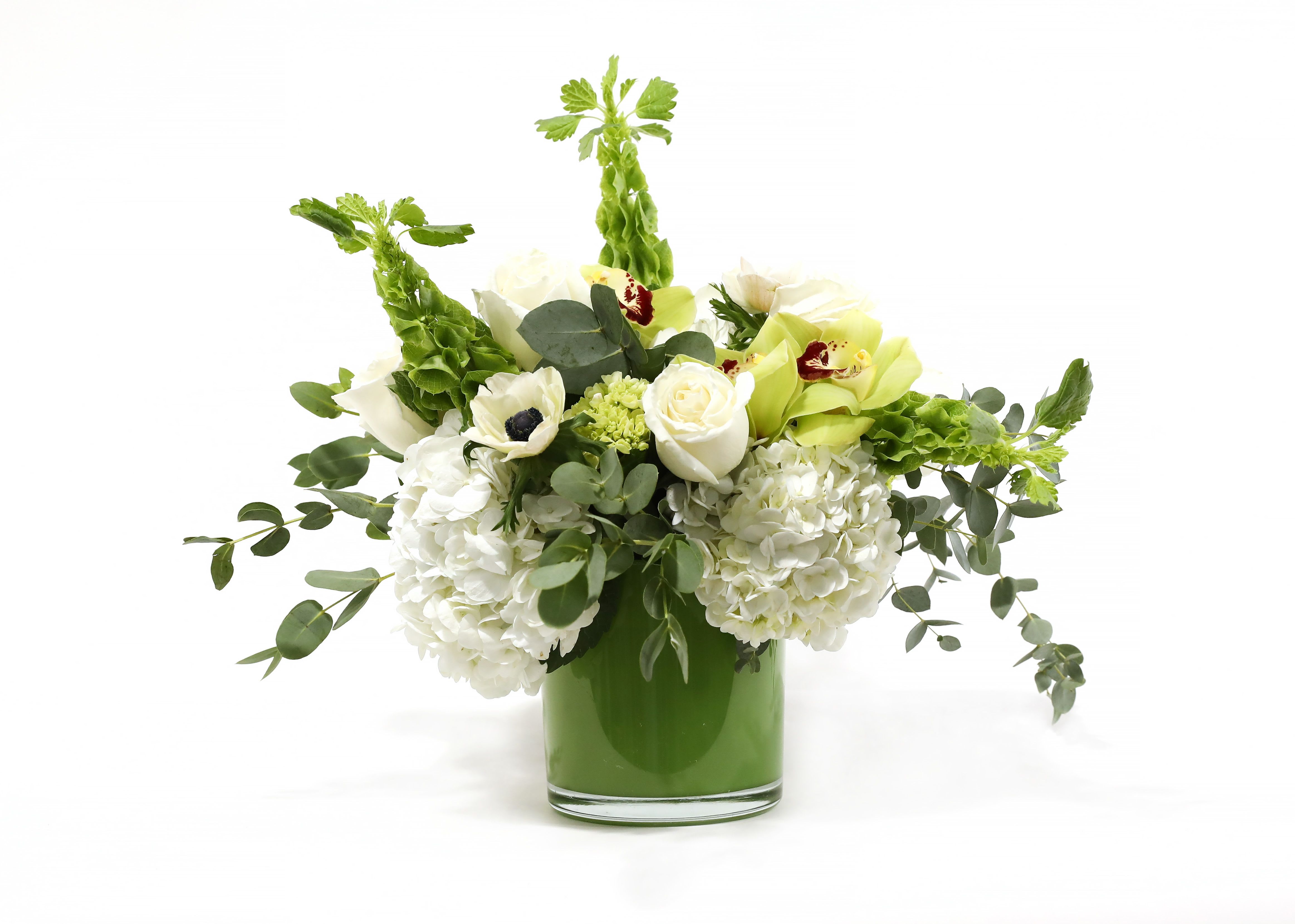 EVERGREEN EVERGREEN - THIS IS DEFINITELY NOT YOUR TYPICAL WHITE AND GREEN ARRANGEMENT. A BEAUTIFUL GREEN GLASS WITH WHITE AND MINI GREEN HYDRANGEAS, ROSES, BELLS OF IRELAND, EUCALYPTUS, ANEMONE, AND CYMBIDIUM ORCHIDS.