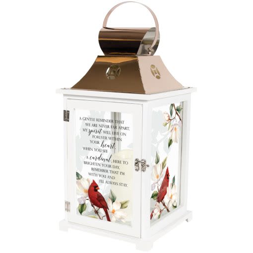 Gentle Reminder Lantern - &quot;A gentle reminder that we are never apart, my spirit will live on forever within your heart.  When you see a cardinal, here to brighten your day, remember that I'm with you and I'll will always stay.  Displayed with a bow on the handle.  9&quot;w x 18.5&quot; h x 9&quot; w