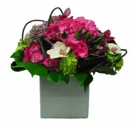 Cutie Patootie Cutie Patootie - (72) Organic styling of mostly pink and purple flowers with accents of green hydrangea and pale yellow orchids with ribbons of willow branches and red leaves. Substitutions may be necessary due to availability.