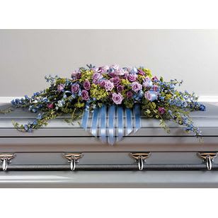 Blue Ribbon Casket Spray Blue Ribbon Casket Spray - Roses and wild flowers with blue ribbons