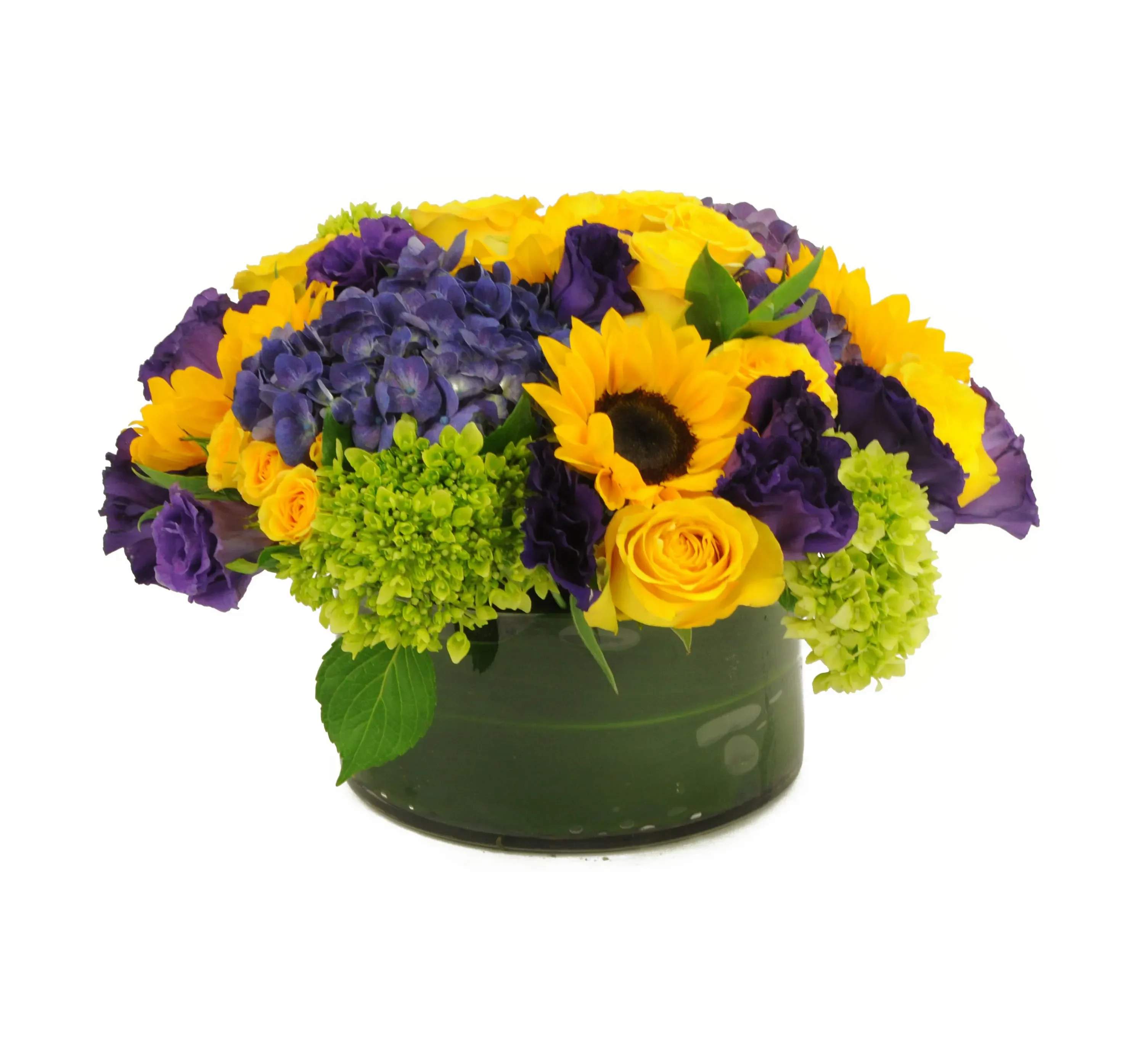 Radiant Glow Radiant Glow - (82) A stunning low and lush sunflower and yellow rose arrangement complimented with vibrant purple and green tones that's sure to brighten anyone's day! Substitutions may be necessary due to availability.