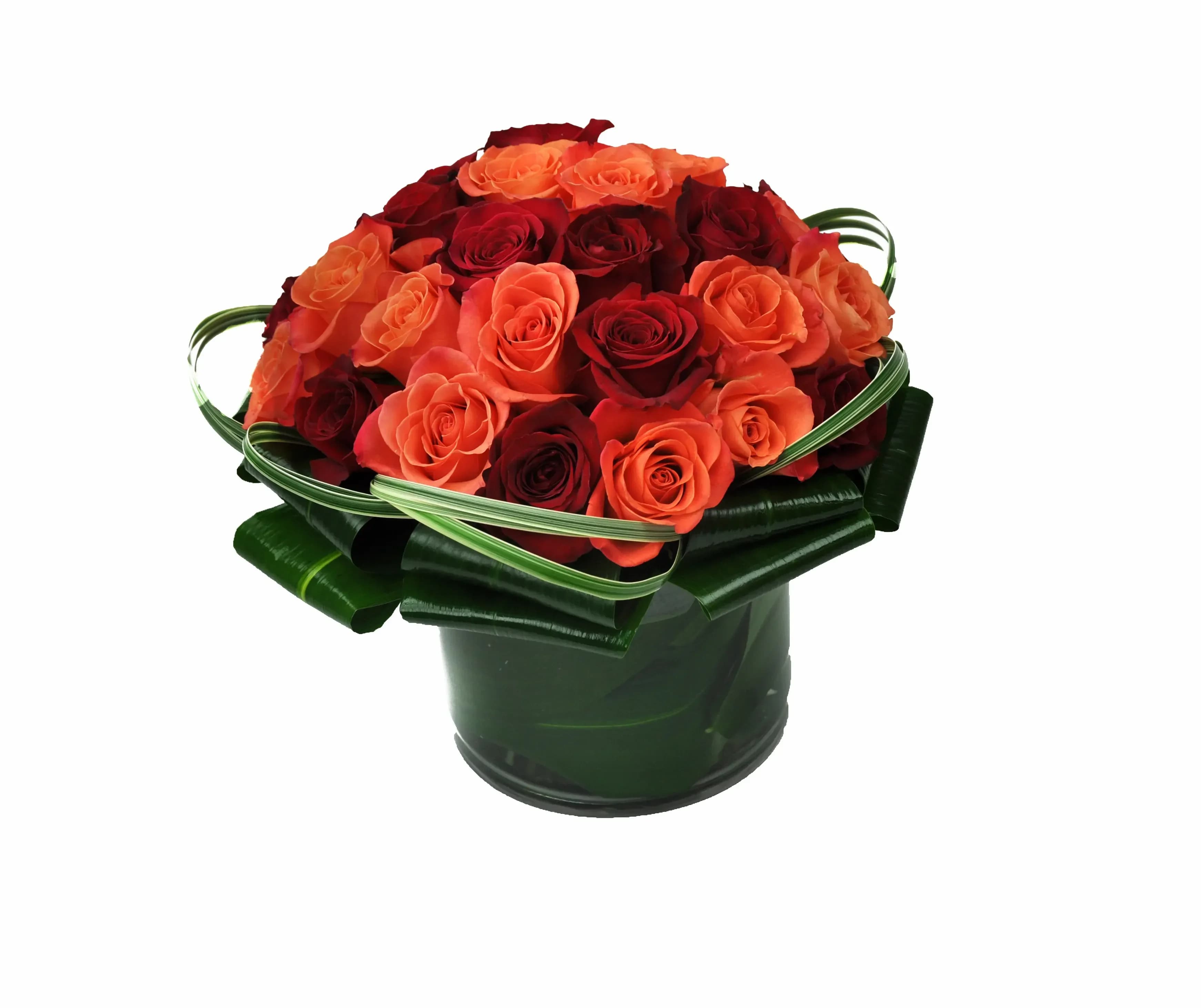 Sunset Love Sunset Love - (63) Beautiful premium roses (available in colors of your choice) expertly arranged in a low lush artistically leaf wrapped vase with delicate lily grass accents. Substitutions may be necessary due to availability.