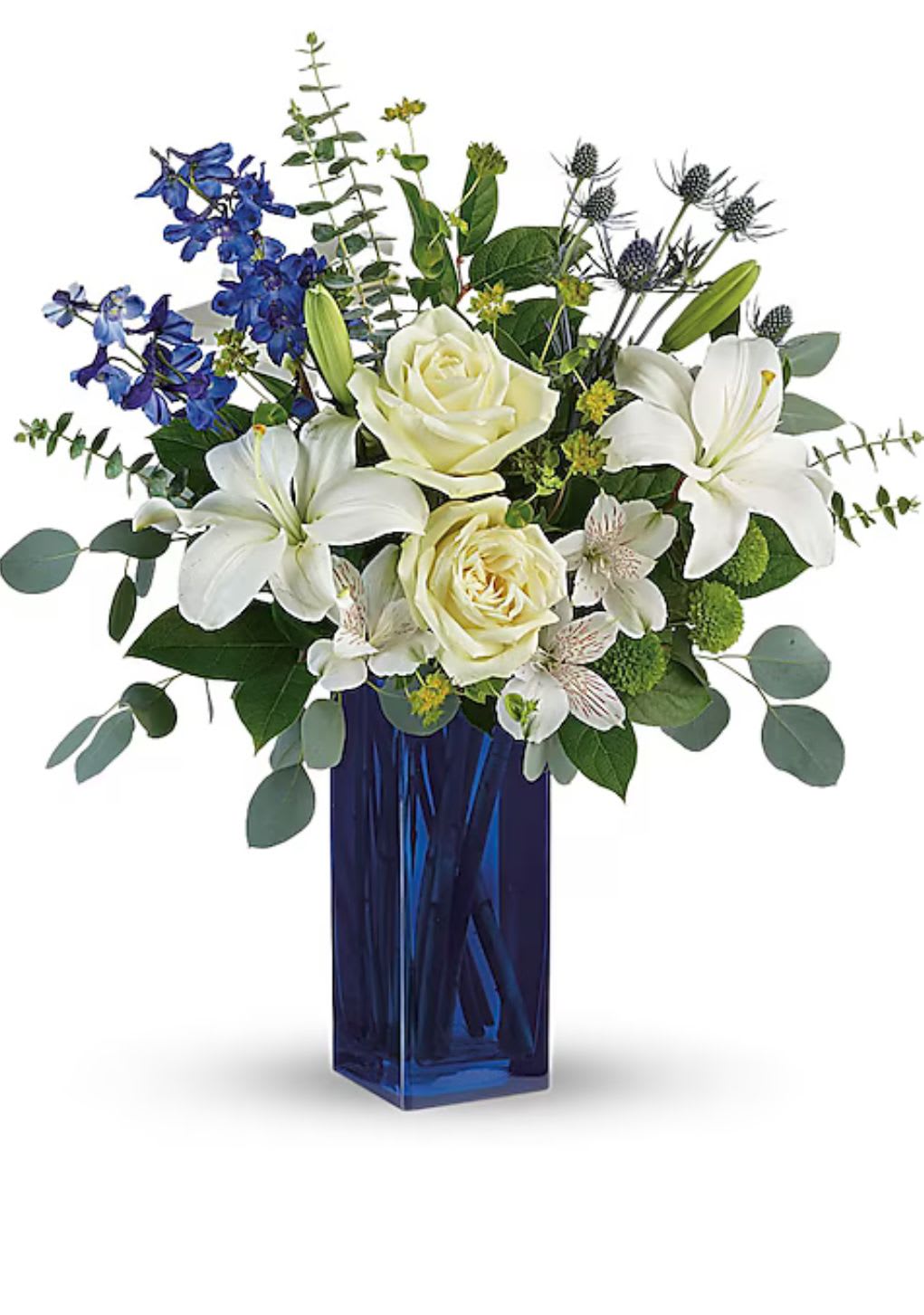 Cobalt blue floral - This beautiful combination of white flowers and blue accent creates a very clean and sophisticated floral design 