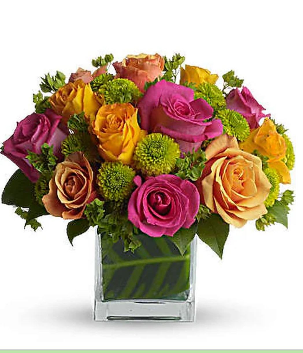 Roses with limes  - This beautiful arrangement of roses and touch of green pom Poms creates a touch of happiness and brightness to any special occasion 