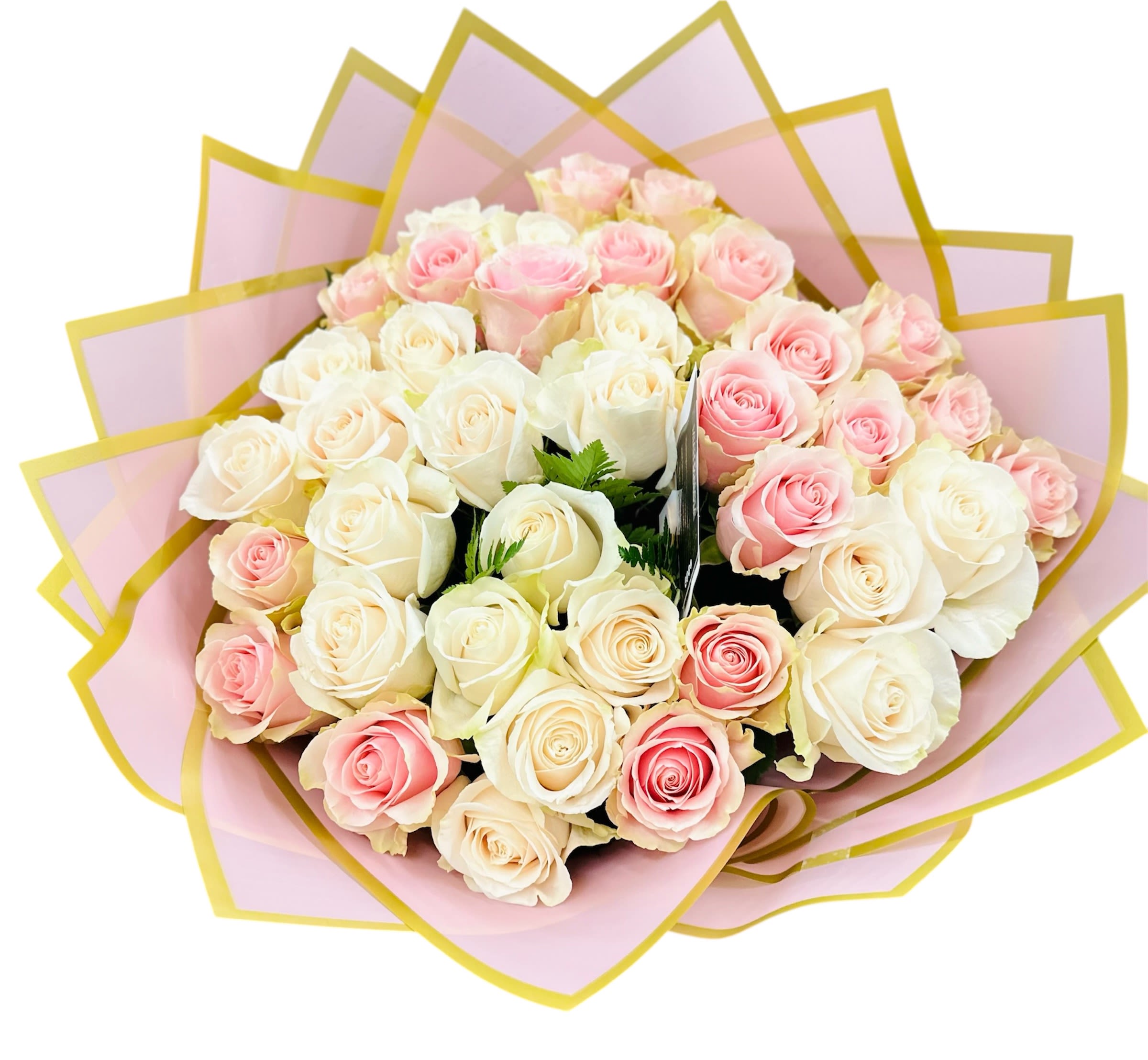 Rosé Elegance Bouquet - A luxurious arrangement of soft blush and cream roses, beautifully wrapped in pink and gold trim—perfect for expressing love, gratitude, or timeless elegance on any occasion.