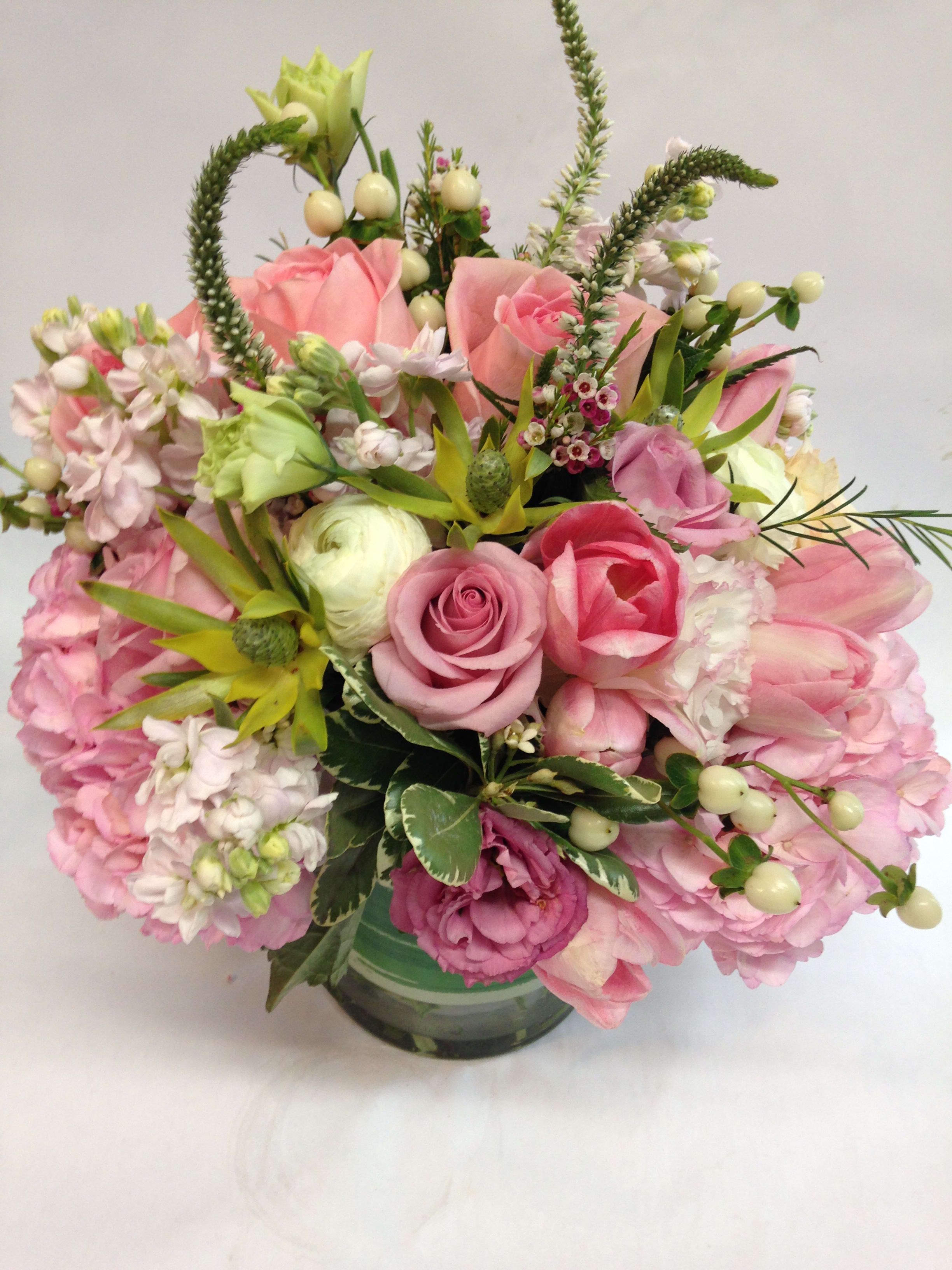 Tender and Delicate Blush Bouquet Tender and Delicate Blush Bouquet - This sweet blush bouquet comes complete with roses, tulips, stock, snap dragon,spray roses, leucadendron, hypericum, and hydrangea. (Some flowers may be subject to change depending on the season. We will contact you with available flower substitutions; please contact us with specific questions if you are concerned with flower availability, thanks!) Featured arrangement: $125.75 (Regular Price)