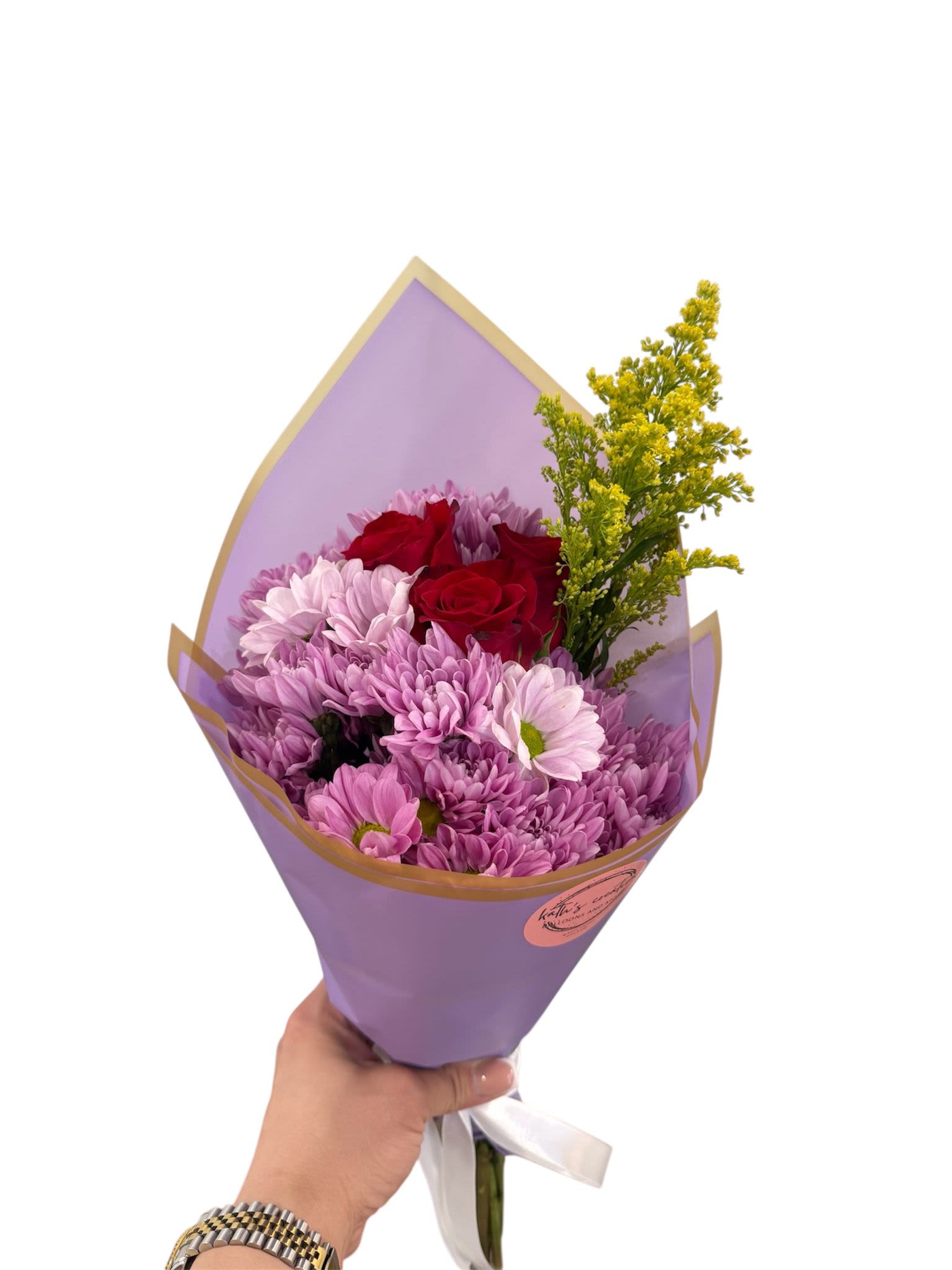 Purple Heart Purple Heart - A bouquet of flowers with red roses, purple daisies.