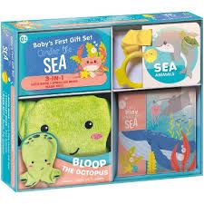 Babies First Gift Set - Under The Sea!! With 1 washcloth, 1 stroller book, and 1 bath book. The perfect newborn gift! Stimulates baby's senses. A washcloth that will enhance bath time. Tested for baby's safety.