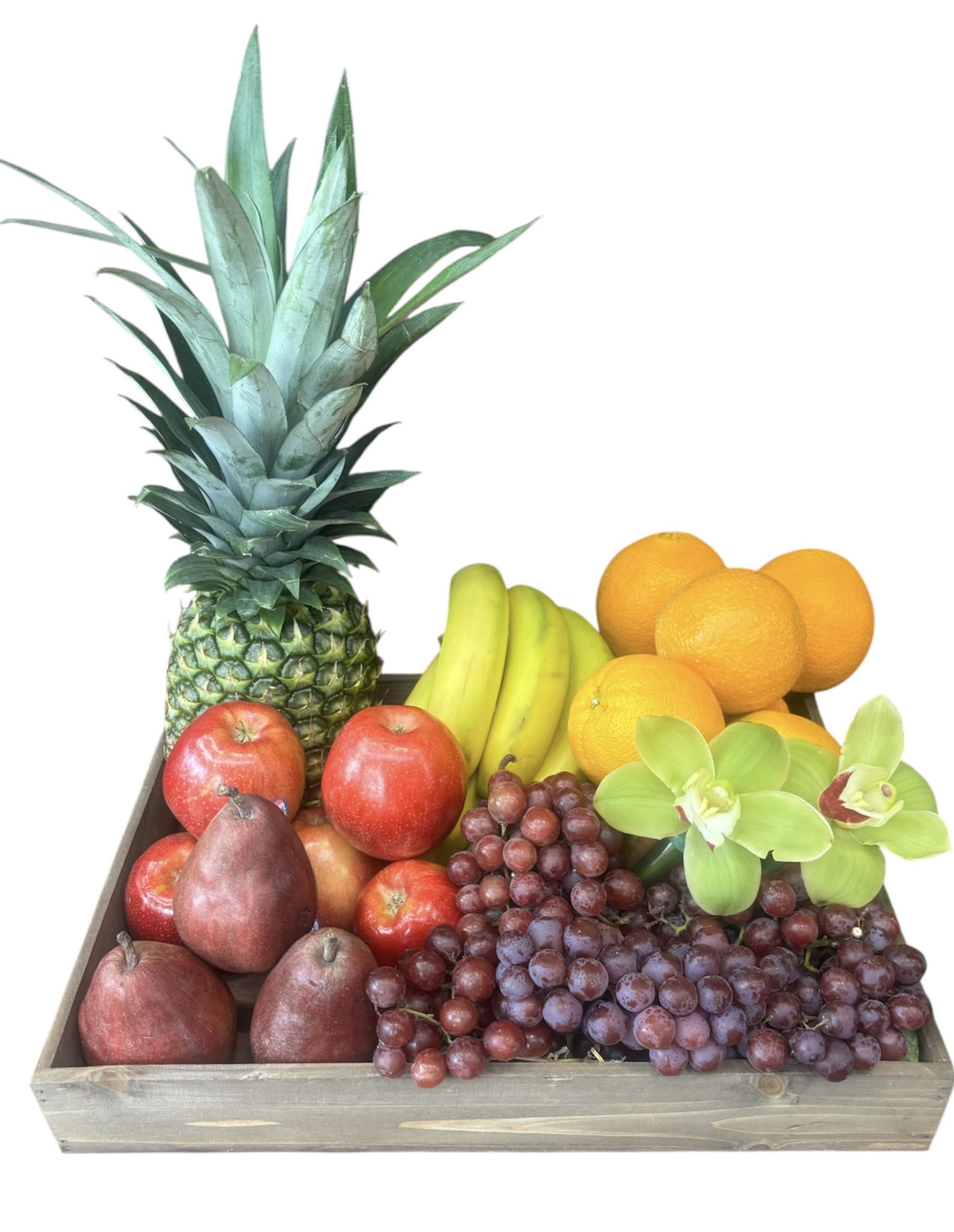 Ruby Harvest Tray Ruby Harvest Tray - A selection of premium fresh fruits, meticulously arranged in a rustic wooden tray. Featuring a juicy pineapple, crisp apples, sweet pears, ripe bananas, vibrant oranges, and succulent grapes, elegantly garnished with exotic orchid blooms for an added touch of luxury. Perfect for any celebration or as a thoughtful, healthy gift.