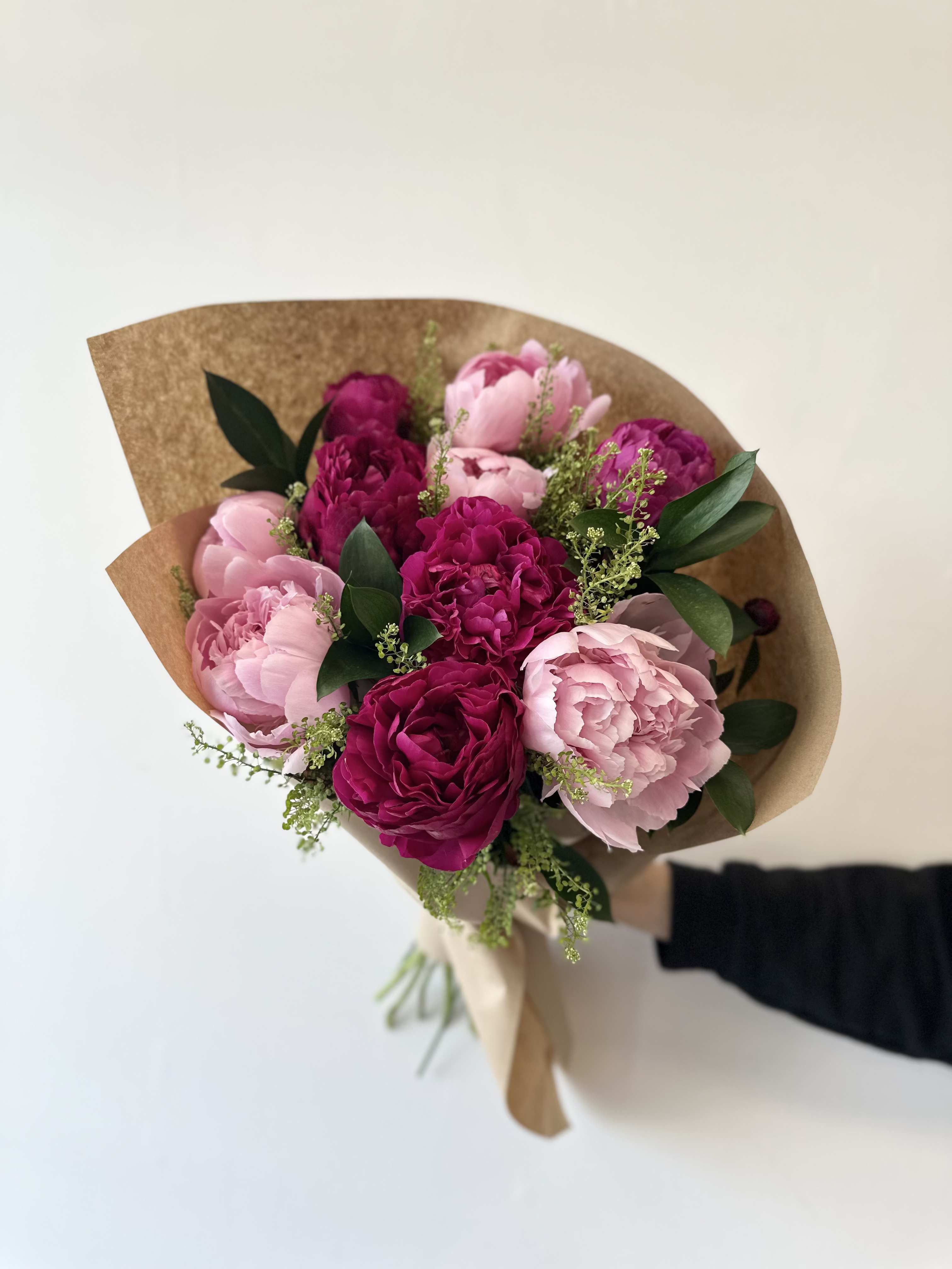 Pink Peony Club - Bouquet of 10 mixed color peonies; shades of pink and white with greenery.