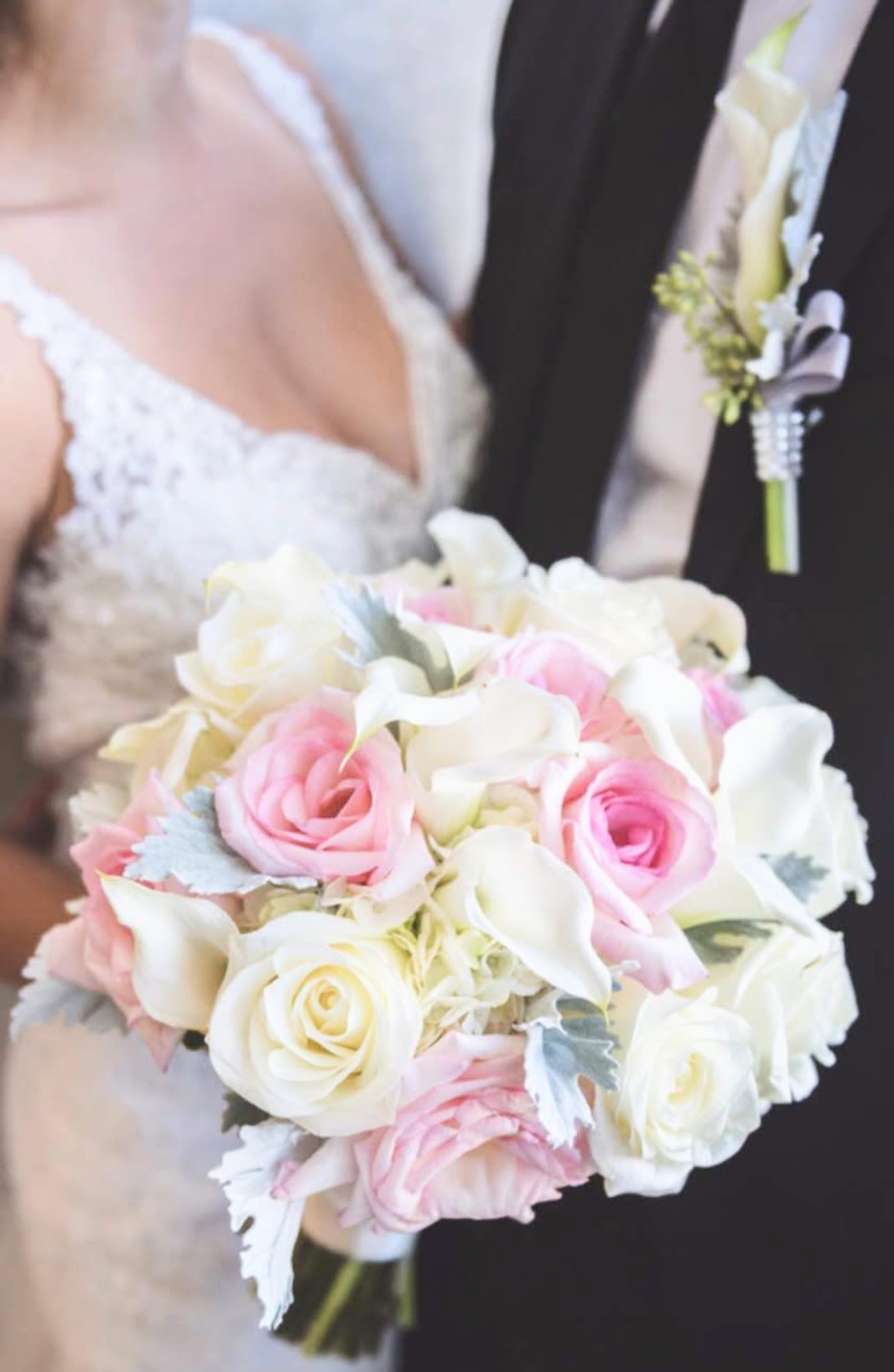 Elegance in Love - A delicate &amp; soft design that embraces the statement of unity.  It includes bridal bouquet &amp; groom's boutinier.  Please note, all bridal bouquets are designed as close as possible to the image given the season and specific flower availability. Never compromising style &amp; quality.