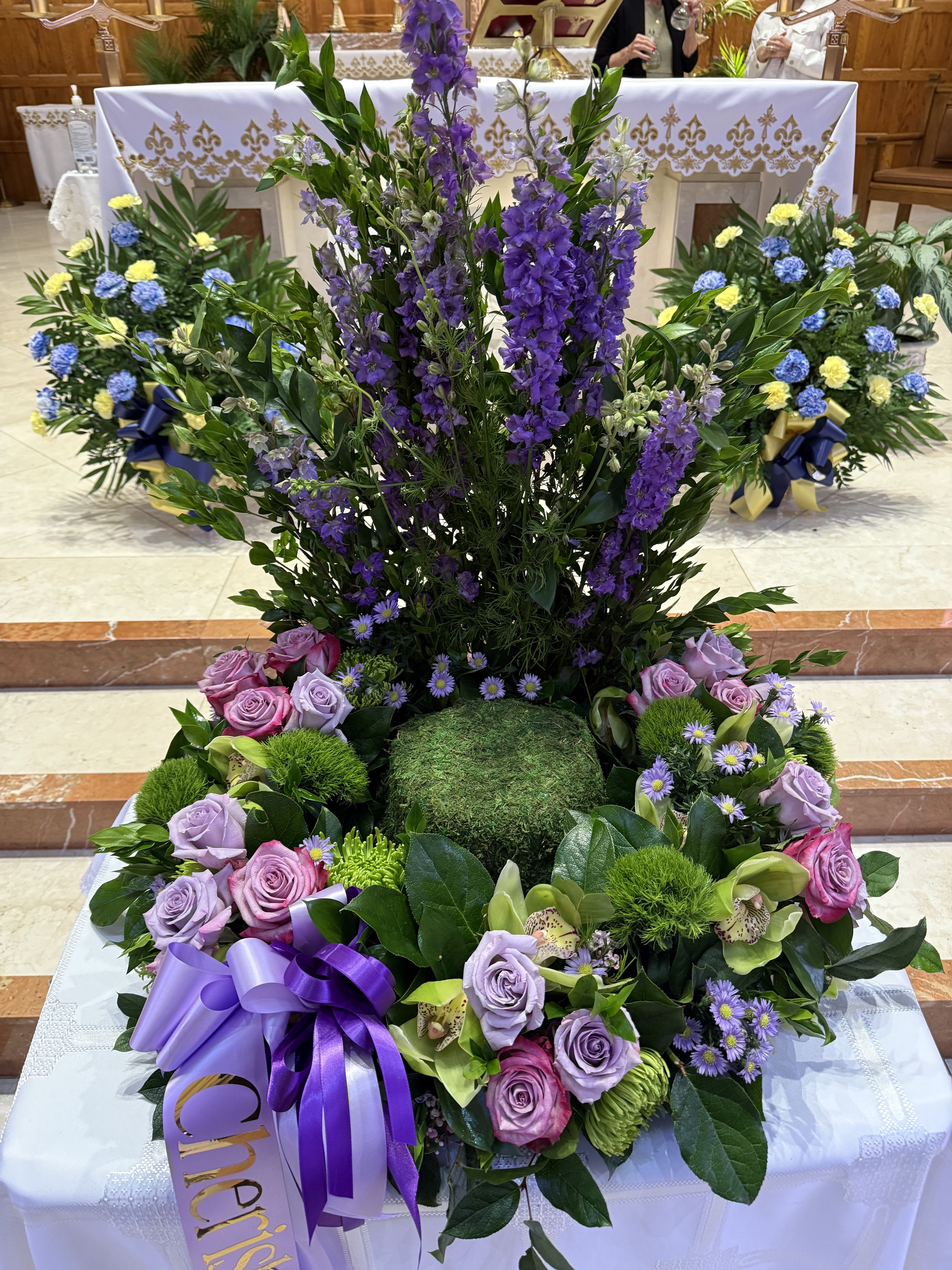 Round URN Tribute Flower Holder  - This round urn holding piece can be made in purple and lime (as pictured) or any other color combination 