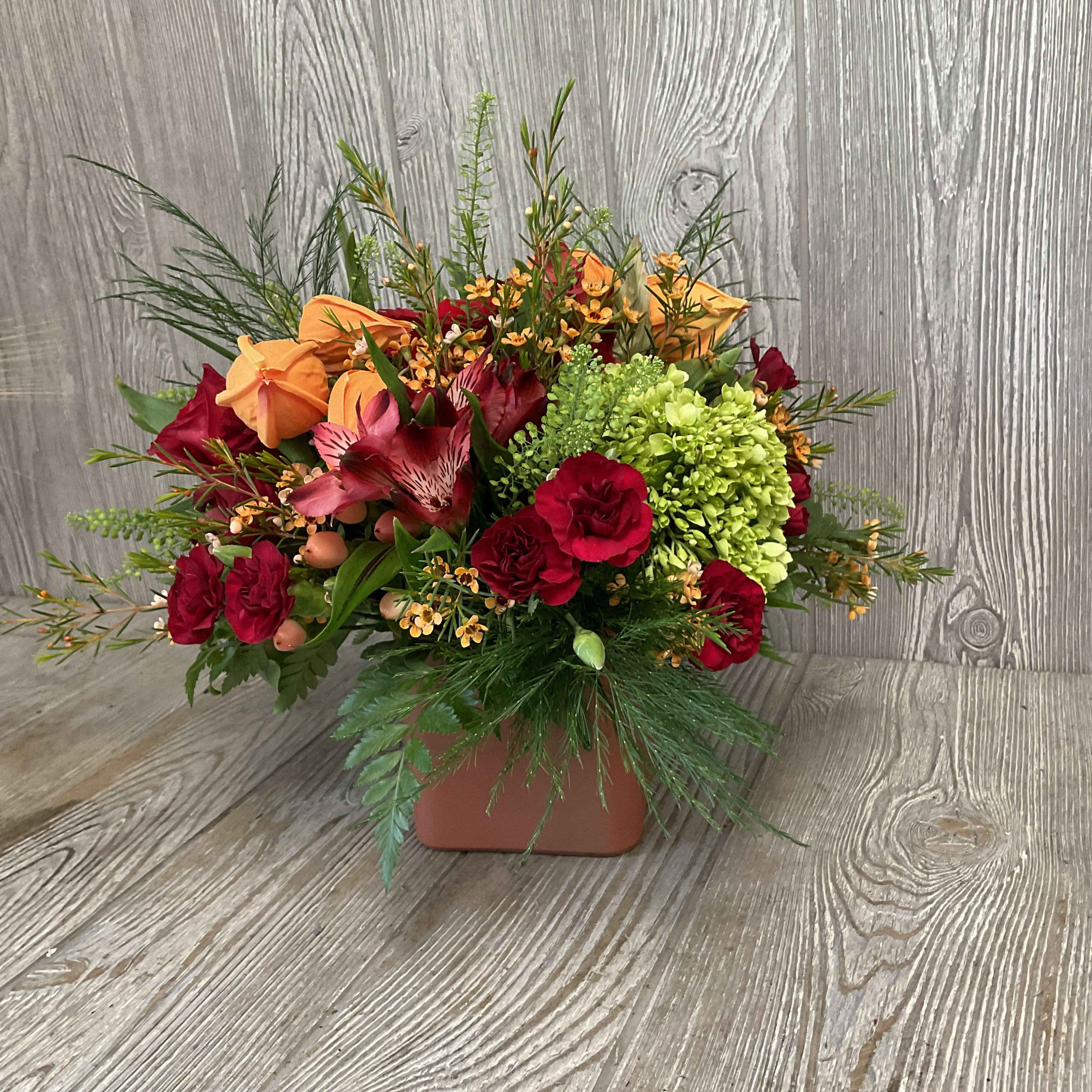Fall Fashion - Modern cube arrangement with assorted fall flowers. 