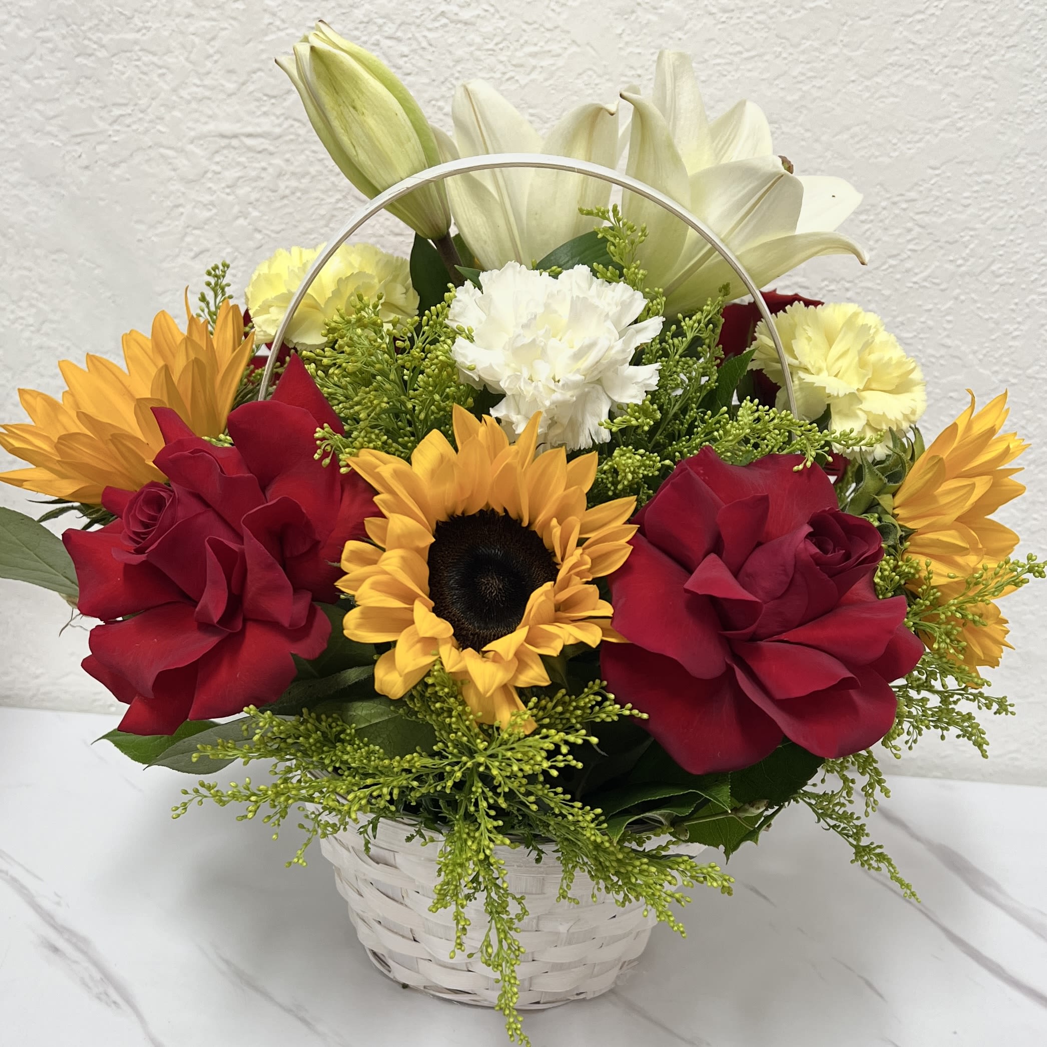 White Basket With Red Roses And Sunflowers  - Buyer will receive a basket with red roses and sunflowers 