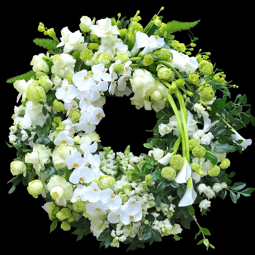 Touchy Touchy - A graceful and elegant funeral wreath featuring delicate white orchids, roses, calla lilies, and soft green blooms. A serene and heartfelt tribute, perfect for honoring a loved one with purity, peace, and love. Size Standar: 29 Inches Round Size for Deluxe 35 inches round