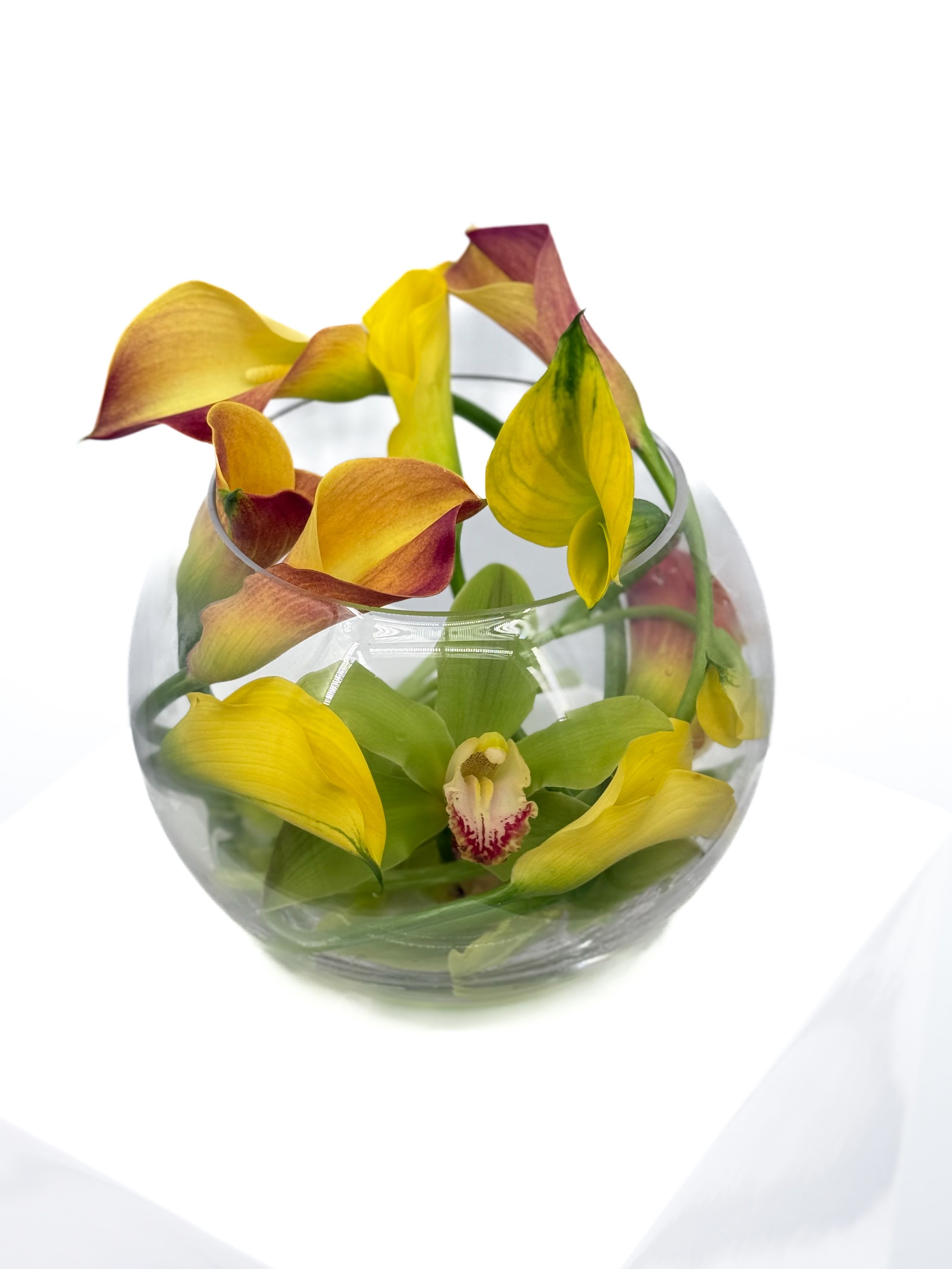 Mandy Mandy - The calla is given center stage is this modern design. This flower brings so many feels up in so many we had to give it the spotlight. It is sure to start a conversation in any room it's placed.