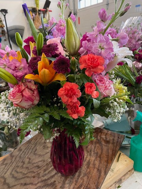 Fresh From the Garden Fresh From the Garden - We are going to use (our own) locally grown dahlias, Batchelor buttons, hydrangea and more for this one of a kind arrangement!! (the photo is just an example ..but does not represent your hand delivered bouquet in a vase or vessel