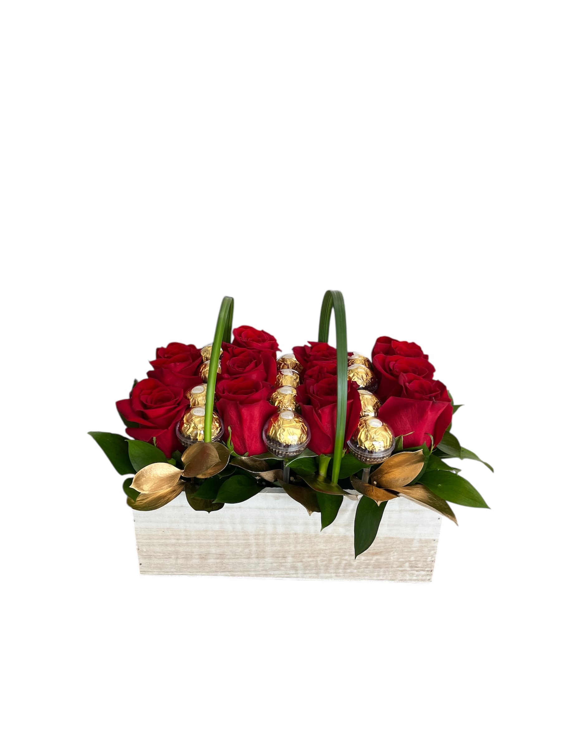 Sweet Golden - This spectacular arrangement has twelve roses with twelve chocolates in a wooden vase with green and gold ruscus greenery. Ideal for Valentine's Day, Birthdays, Anniversary, Graduation or Just Because. 