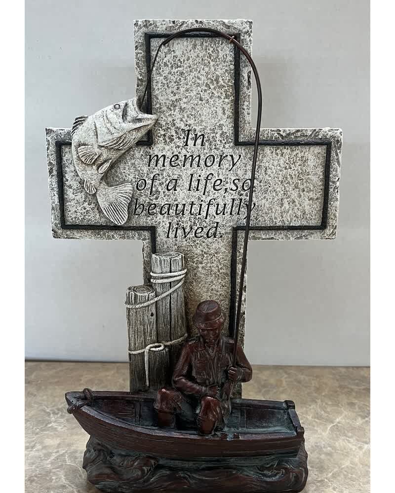 Etched Fisherman Cross Etched Fisherman Cross - Etched Fisherman cross reads "In memory of a life so beautifully lived". Can be placed in a sizeable arrangement or dish garden.