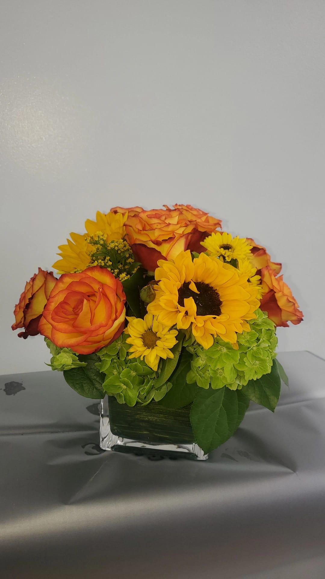 Red Sunset. - Roses Sunflowers Hydrangea Vase.