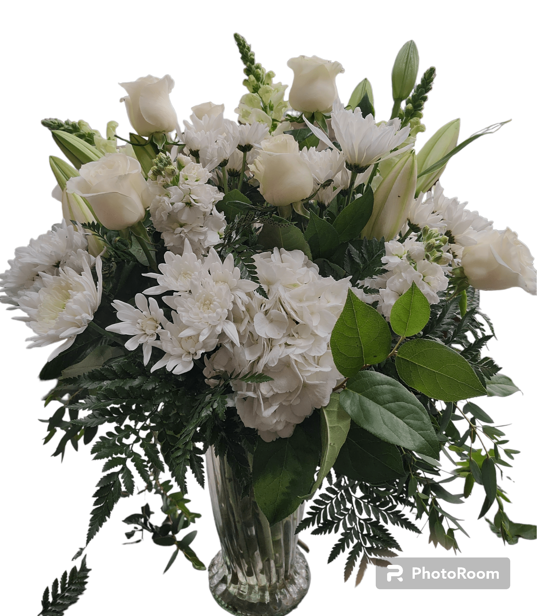 Peaceful Thoughts Peaceful Thoughts - Beautiful all white vase arrangement with higher end flowers. Perfect for any occasion.