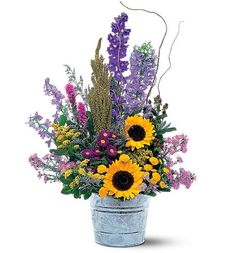 Summer Flower Pail - With lush colors and countryside touches, this unique floral gift arrives like a welcome friend-grand, yet refreshingly unpretentious, and full of easy going charm.     Asters, chrysanthemums, sunflowers and delphinium arrive arranged in a galvanized pail. Approximately 22&quot; W x 32&quot; H 