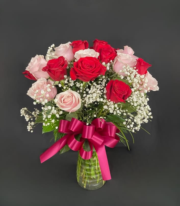 Hearts Desire - 2 Dozen Red &amp; Pink Roses - Express your love for the number one in your life with this beautiful arrangement of two dozen red and pink roses artfully arranged with baby's breath and decorative greens.