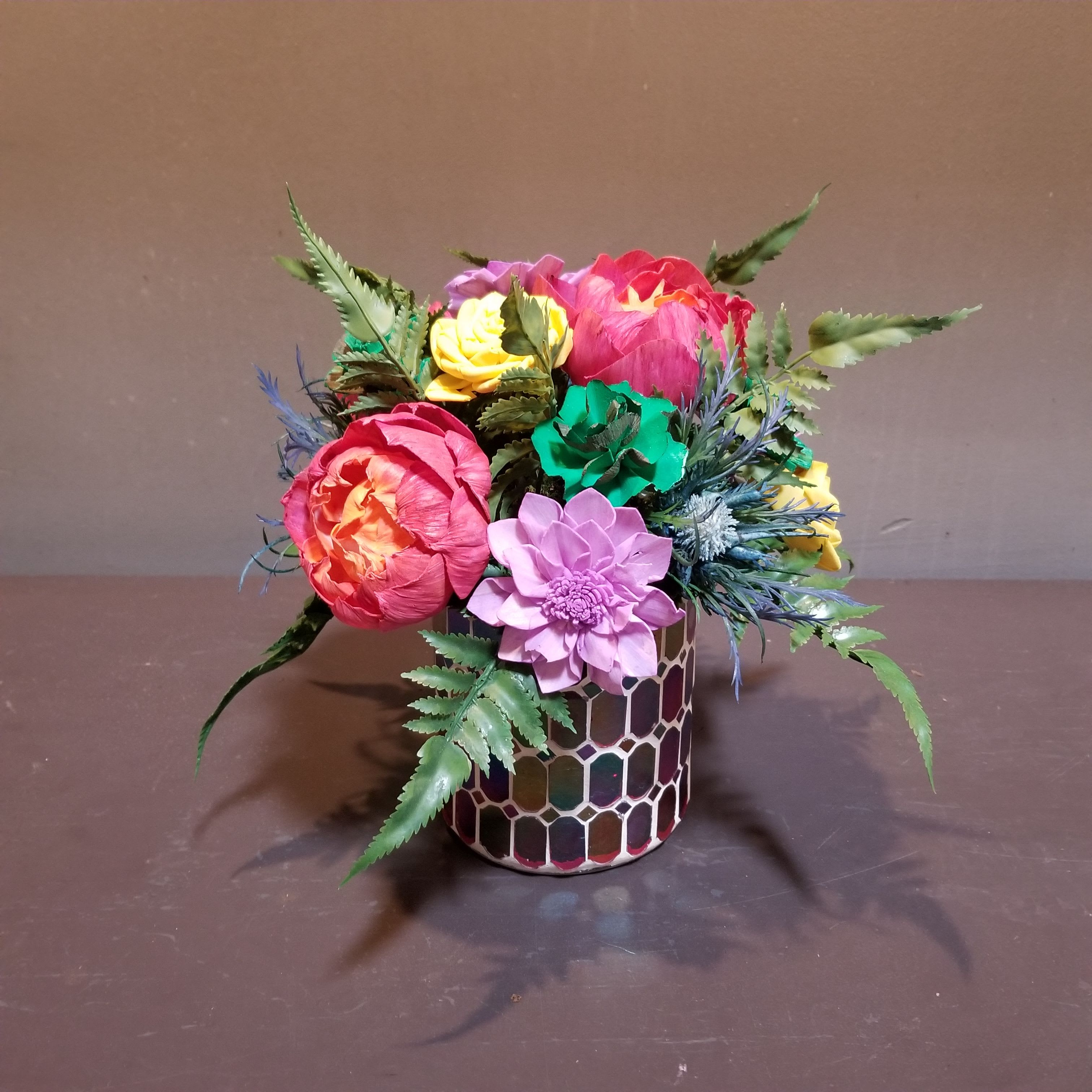 Sola Wooden Flower Centerpiece - Shimmering Beauty - Hand-dyed and hand-crafted in Minneapolis, these flowers made of balsa wood are a wonderful everlasting floral arrangement - great for those with allergies! Can be used as a natural essential oil diffuser too!  Arrives in a keepsake vase. Approx. Dimensions: 10&quot;Tx9&quot;W 