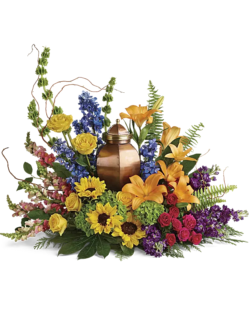 With All Our Hearts Cremation Tribute With All Our Hearts Cremation Tribute - A joyful celebration of a colorful life, this bright bouquet of hydrangea, roses and sunflowers surrounds the cremation urn with natural beauty. Arrangement does not include urn. 27" H x 33" W