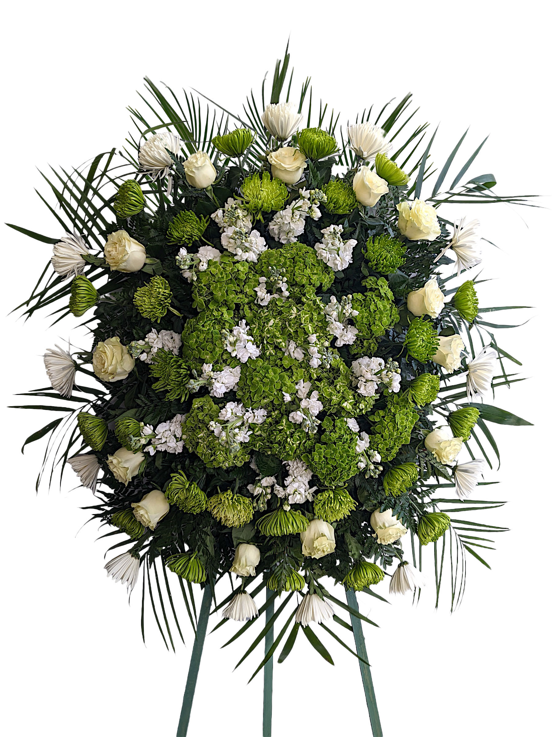 True Sympathy Spray True Sympathy Spray - Green Hydrangea, white roses, green chrysanthemums, and white stock. This type of design is usually approximately 5 - 6 ft tall and is meant for funeral services ONLY. This design includes a free banner (please include a banner sign in the Special Instruction Box or Message Box with the title “BANNER”). In the event a banner space is left blank for any reason, ONLY a card message will be included. Banners are printed in a black 2.5-inch wide ribbon with silver ink. Currently, we don't offer any other colors. If the service is the same day as the order was placed we cannot guarantee delivery by a certain time. And flowers will be delivered during normal business hours. To ensure the delivered flowers match the displayed photo as close as possible we recommend ordering 3-5 days in advance. For the same or next day deliveries, we reserve a right to substitute flowers with the same or greater value.