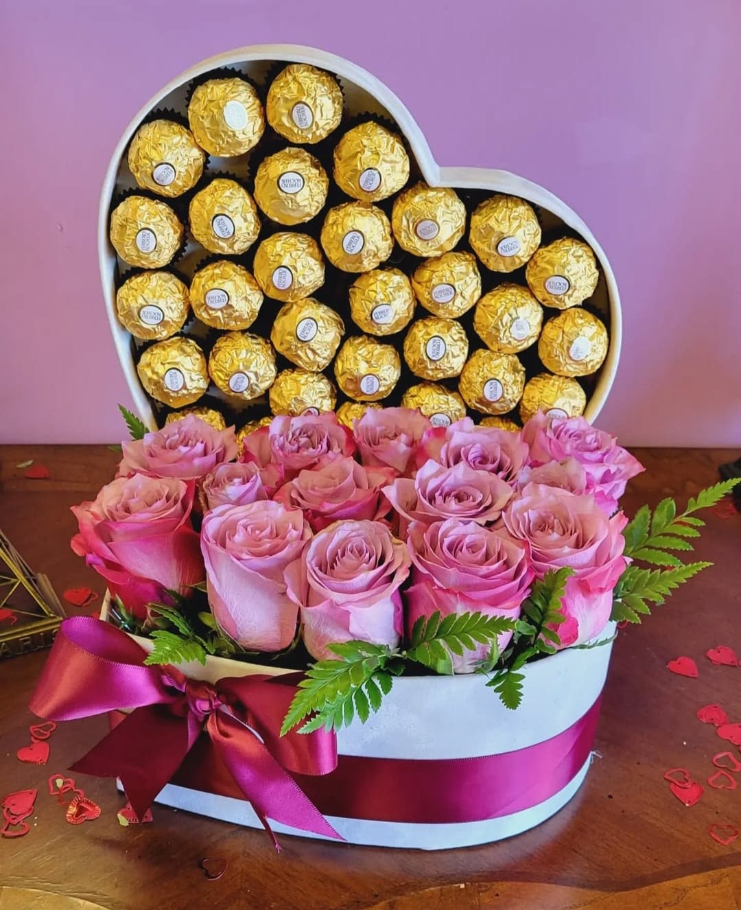 Heart Delight  - Sweeten the day of your special someone through this heart arrangement featuring. Pink roses, greenery and ferrero rocher chocolates. 