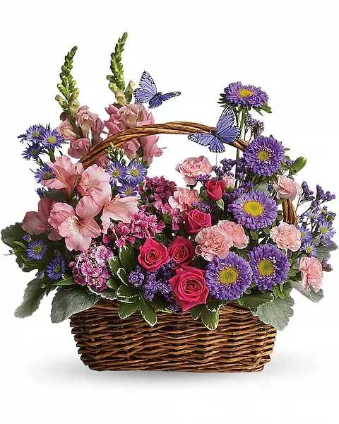 Country Basket Blooms - Talk about a bountiful basket! This wicker basket is overflowing with beauty and blossoms. It's no wonder two pretty butterflies have made this basket their home.  Hot pink spray roses and gerberas, light pink alstroemeria, snapdragons and miniature carnations, dark pink Sweet William, purple matsumoto asters, large monte cassino asters, statice and pittosporum fill a pretty picnic-like basket. You've got this gift handled!