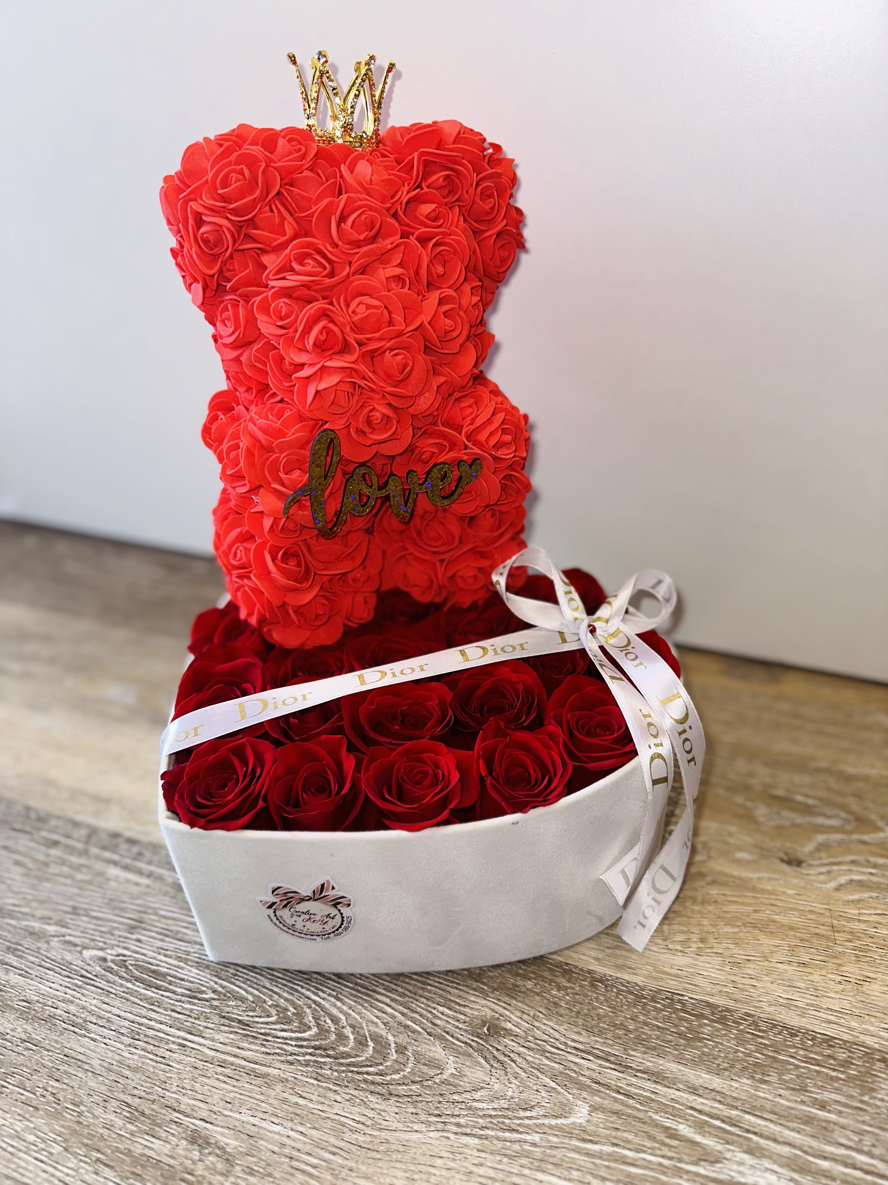 NATURAL RED ROSES WITH ARTIFICIAL ROSES TEDDY BEAR (size m) NATURAL RED ROSES WITH ARTIFICIAL ROSES TEDDY BEAR (size m) - NATURAL RED ROSES WITH ARTIFICIAL ROSES TEDDY BEAR, WHITE VELVET HEART BOX, DIOR RIBBON, (NOTICE!!! WE WILL NOT DO DELIVERY ON FEBRUARY 14TH PLEASE DO NOT PUT FOR DELIVERY BECAUSE WE WILL NOT DO IT! YOU CAN MAKE YOUR RESERVATION AND COME TO PICK UP AT THE STORE) THANK YOU VERY MUCH FOR UNDERSTANDING