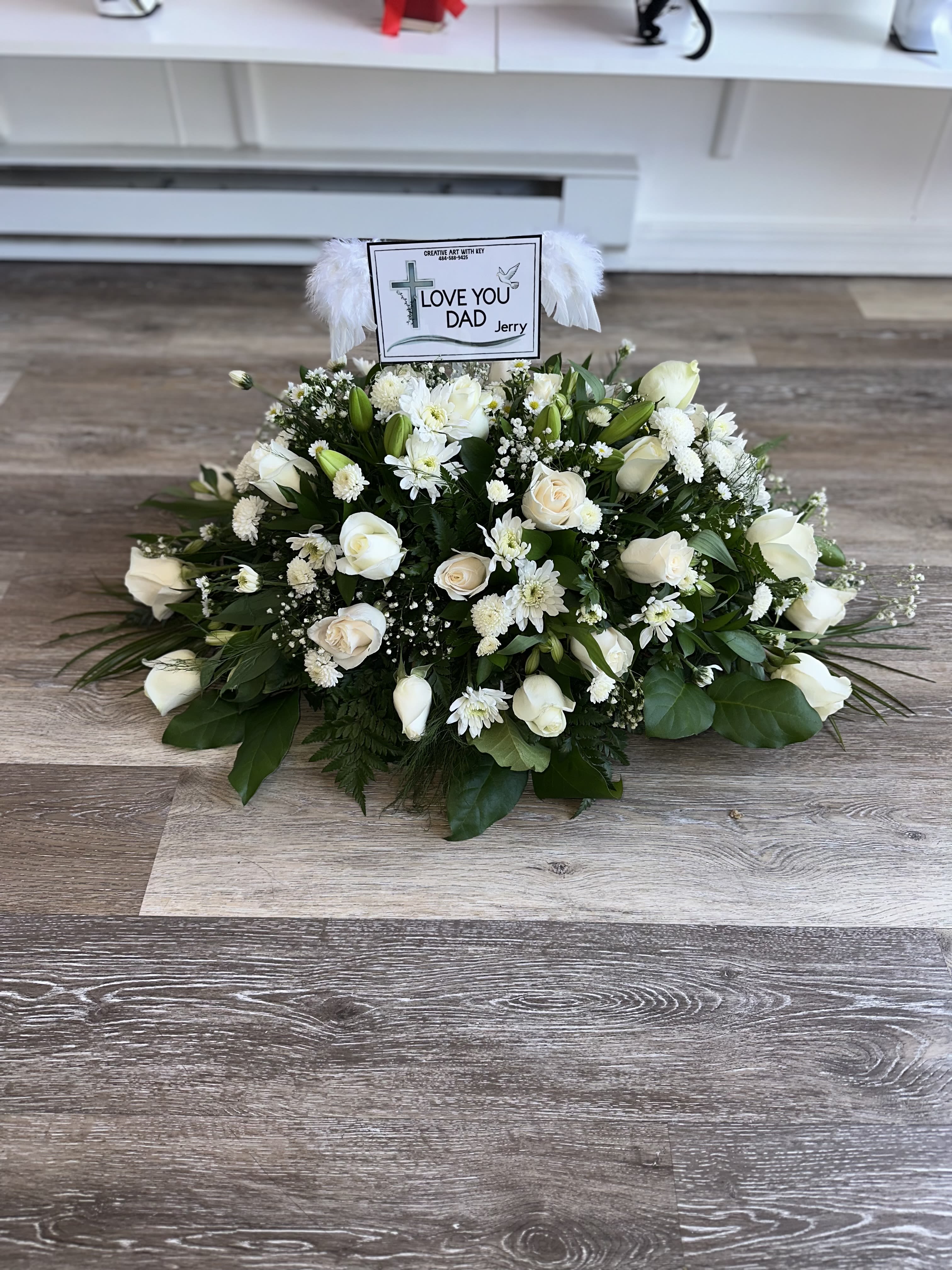 Casket () white Casket () white - VARIETY OF WHITE AND PINK FLOWERS
