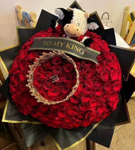 Buchon JUL13 Buchon JUL13 - Buchon Long Stem Red roses, Stuffed animal, crown and banner not included but are available Approx 28-34 inch