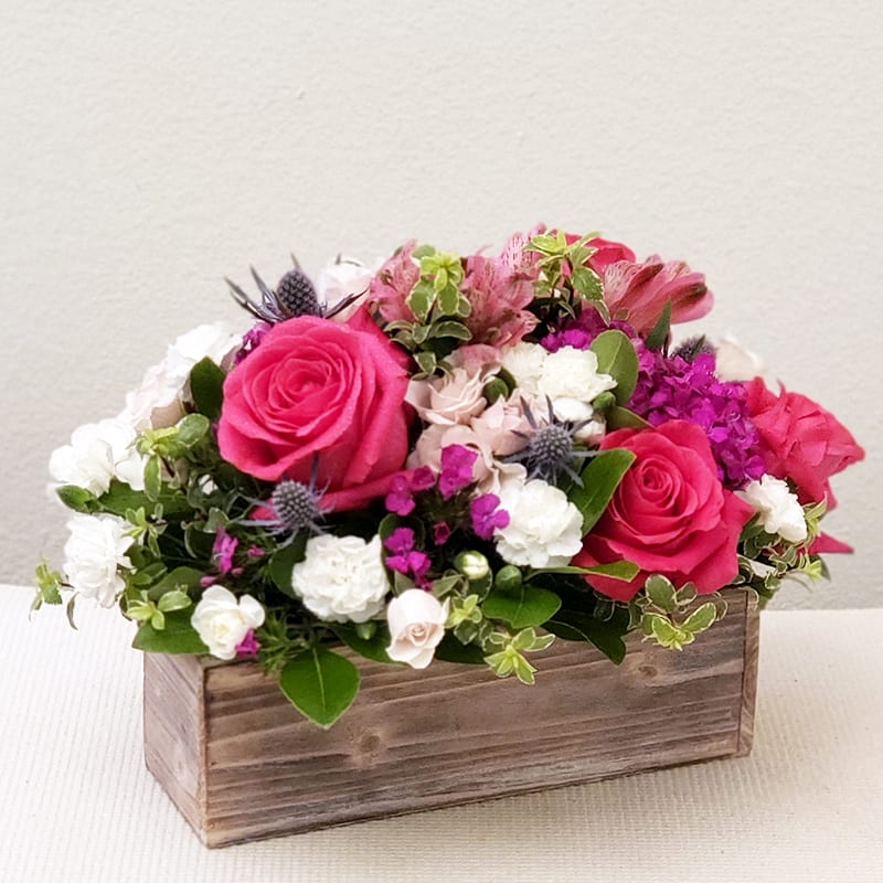 Coast To Coast Flower Gift Box Coast To Coast Flower Gift Box - This seasonal flower arrangement contains a collection of pink roses, mini carnations, button pompons, and greenery accents. Just add a cup of water daily to keep these flowers looking fresh. Send Coast To Coast flower arrangement, a beautiful way to express love, celebrate a special occasion, or add a touch of natural beauty to any space. Approximately 12" H x 16" W.