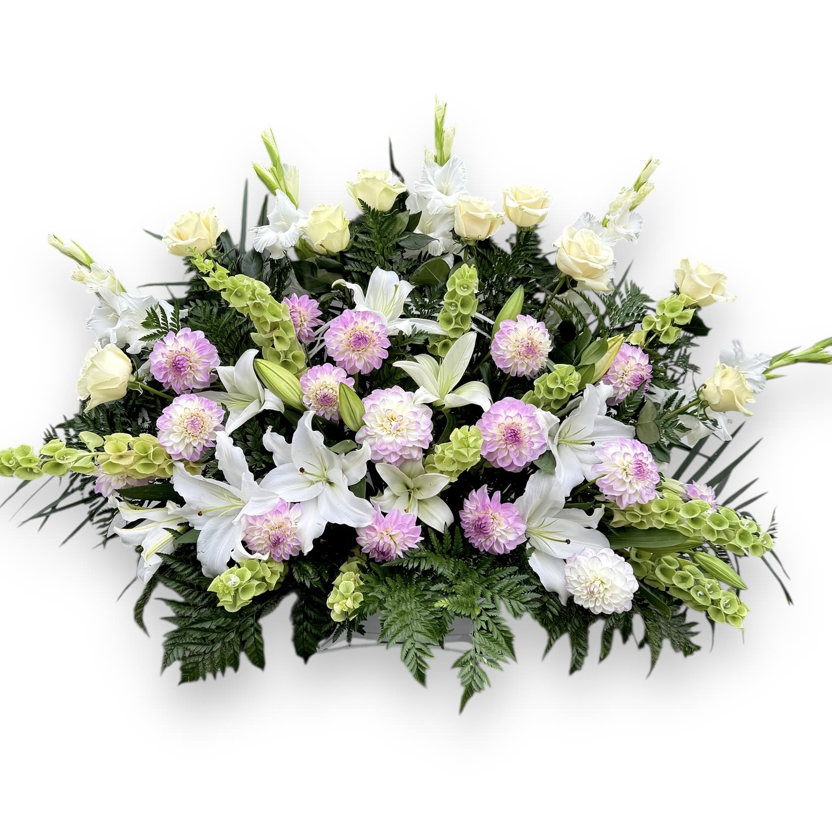 Dahlia Basket - A Funeral Basket consisting of Dahlias, Lilies, and Roses. This design is only available seasonally. 