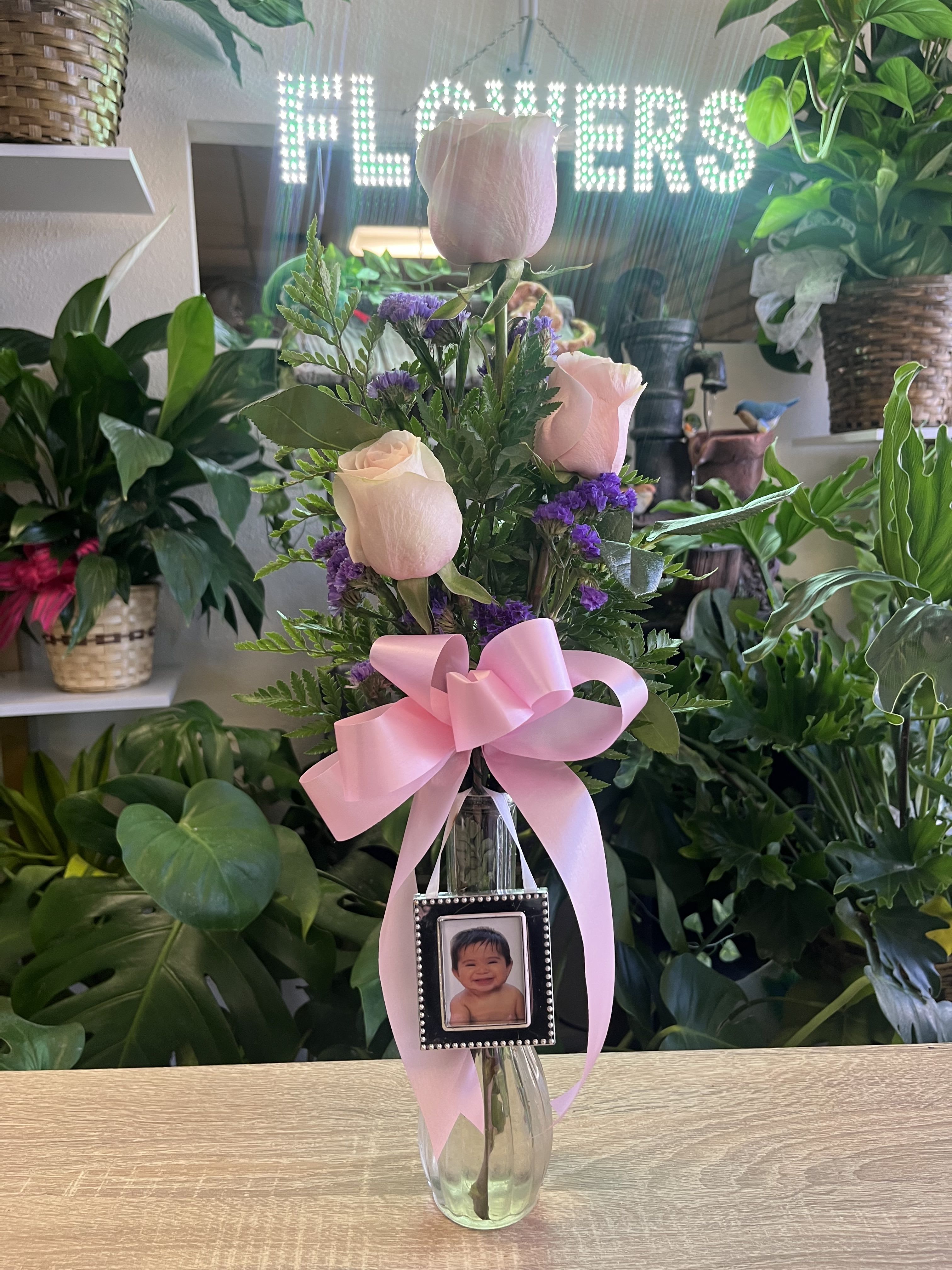 Pink Rose Vase with Personalize Photo  - Three pink roses in bud vase , with small picture frame Email picture of your choice to Espinozaflowers1@gmail.com /once you place your order